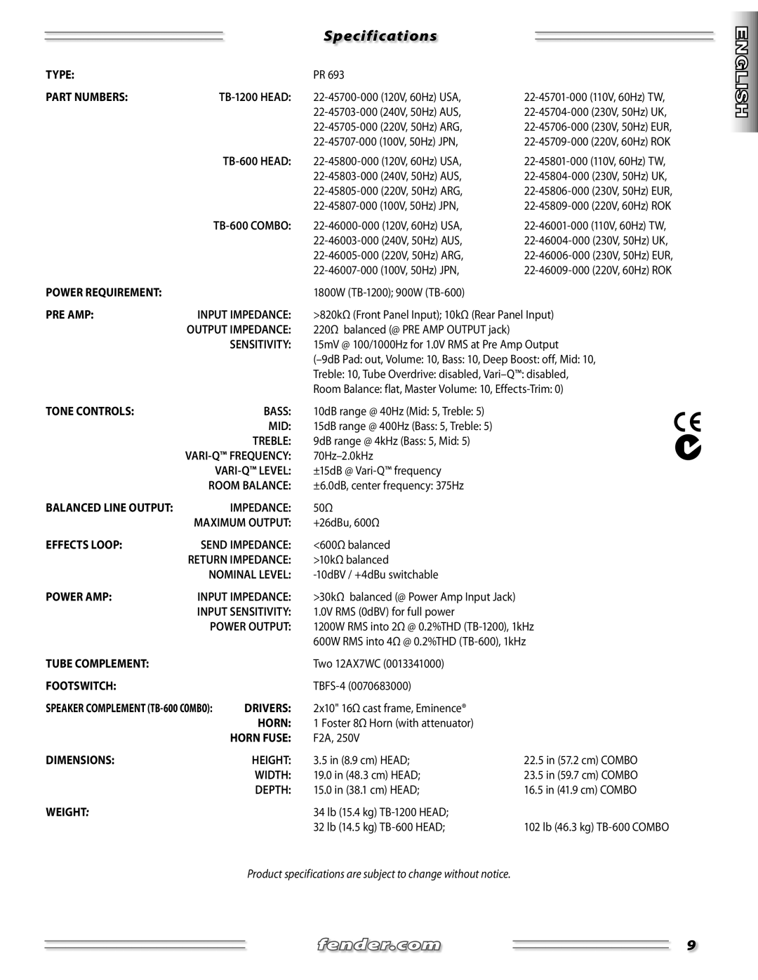 Fender TB-600, TB-1200 manual Specifications 