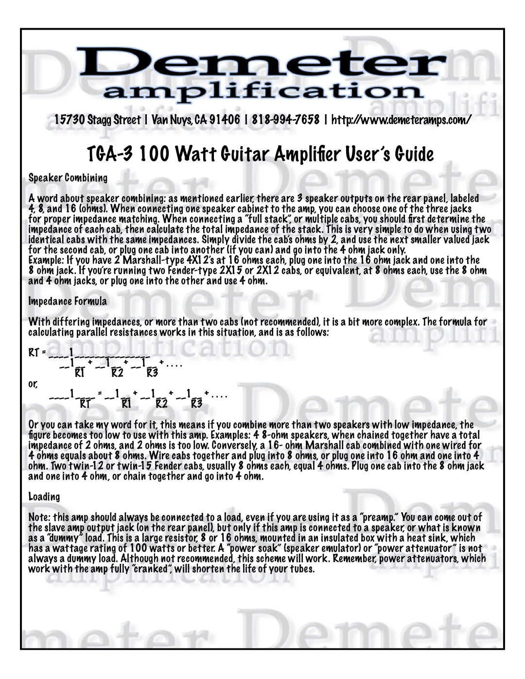 Fender manual TGA-3100 Watt Guitar Ampliﬁer User’s Guide, Speaker Combining 