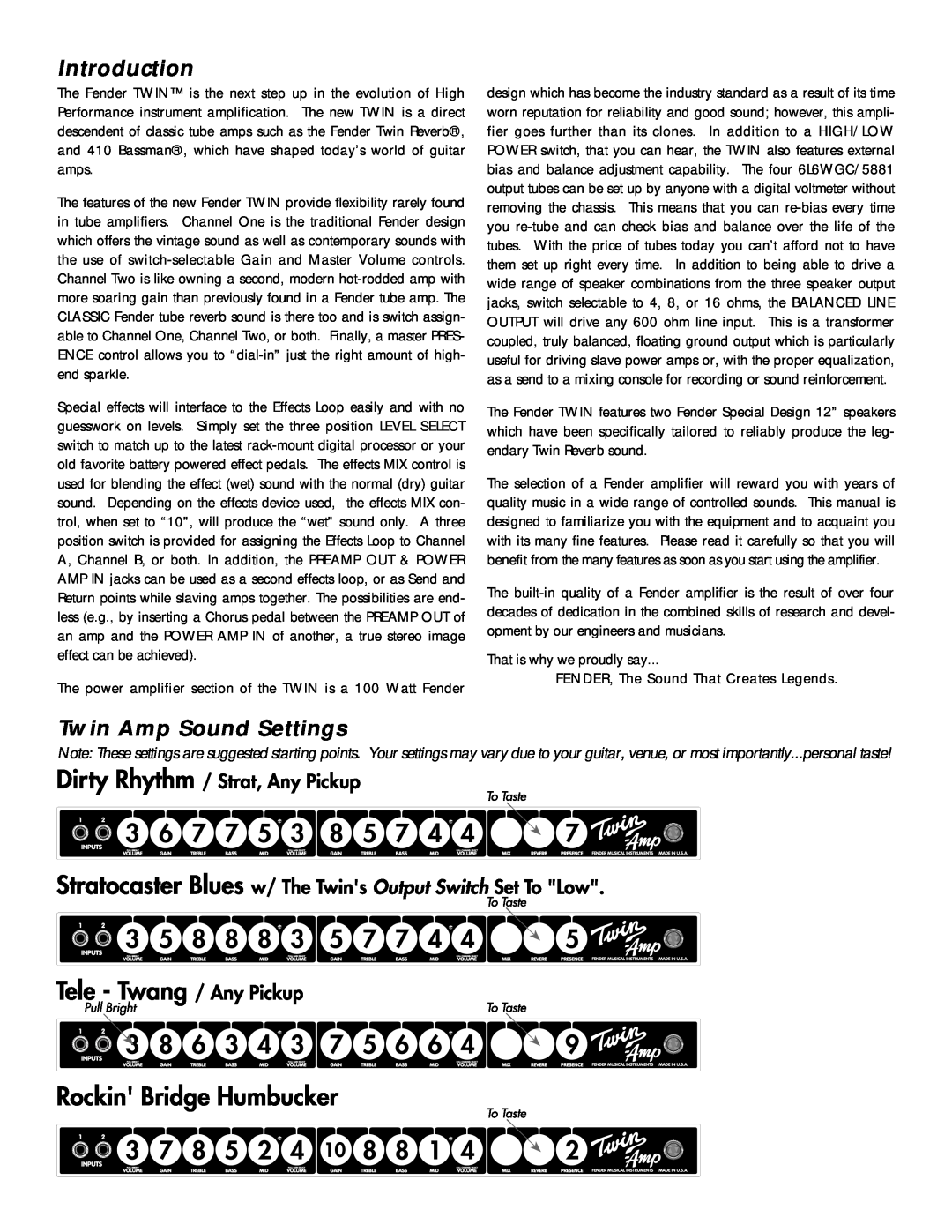 Fender Twin Amplifier owner manual Introduction, Twin Amp Sound Settings 
