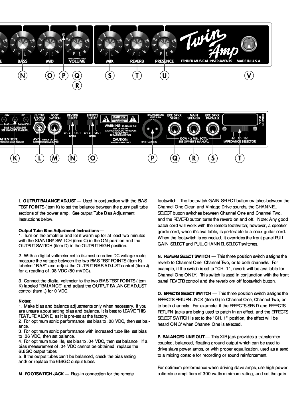 Fender Twin Amplifier owner manual Output Tube Bias Adjustment Instructions 