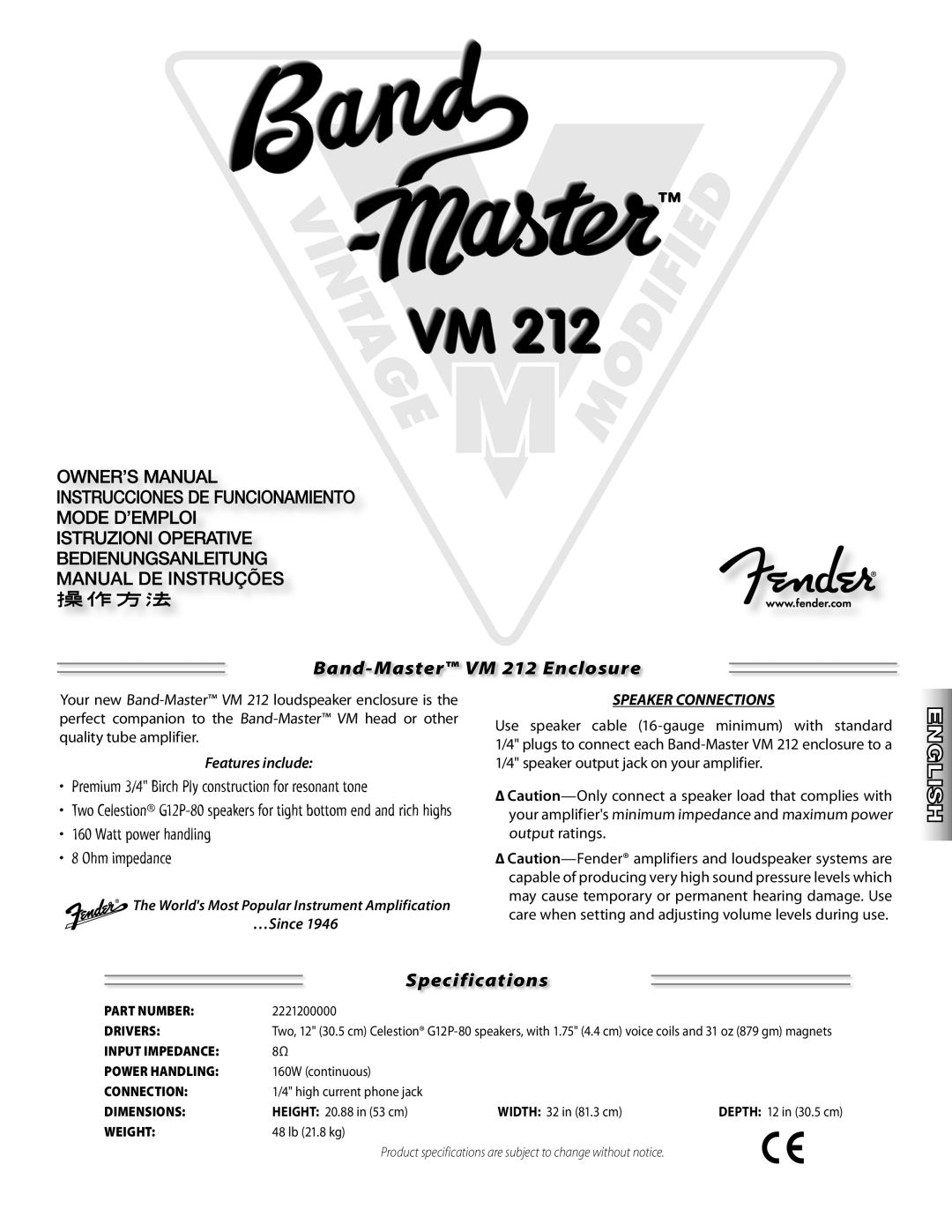 Fender specifications Band-Master VM 212 Enclosure, Specifications, Speaker Connections 