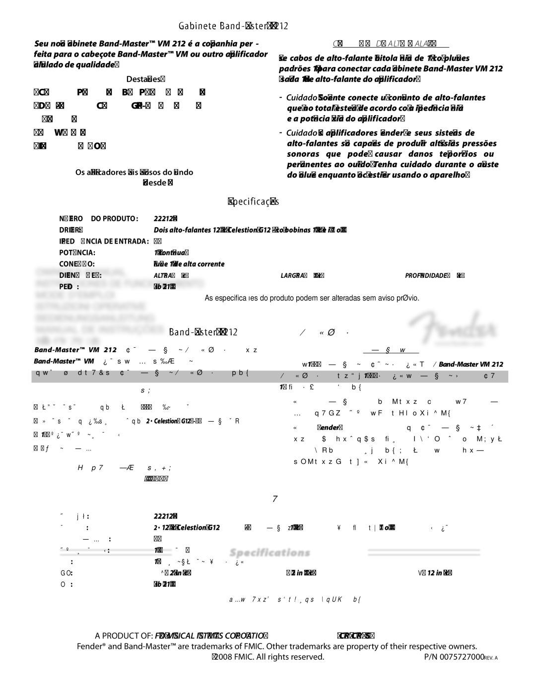 Fender VM 212 specifications Especificações, Gabinete Band-Master VM 