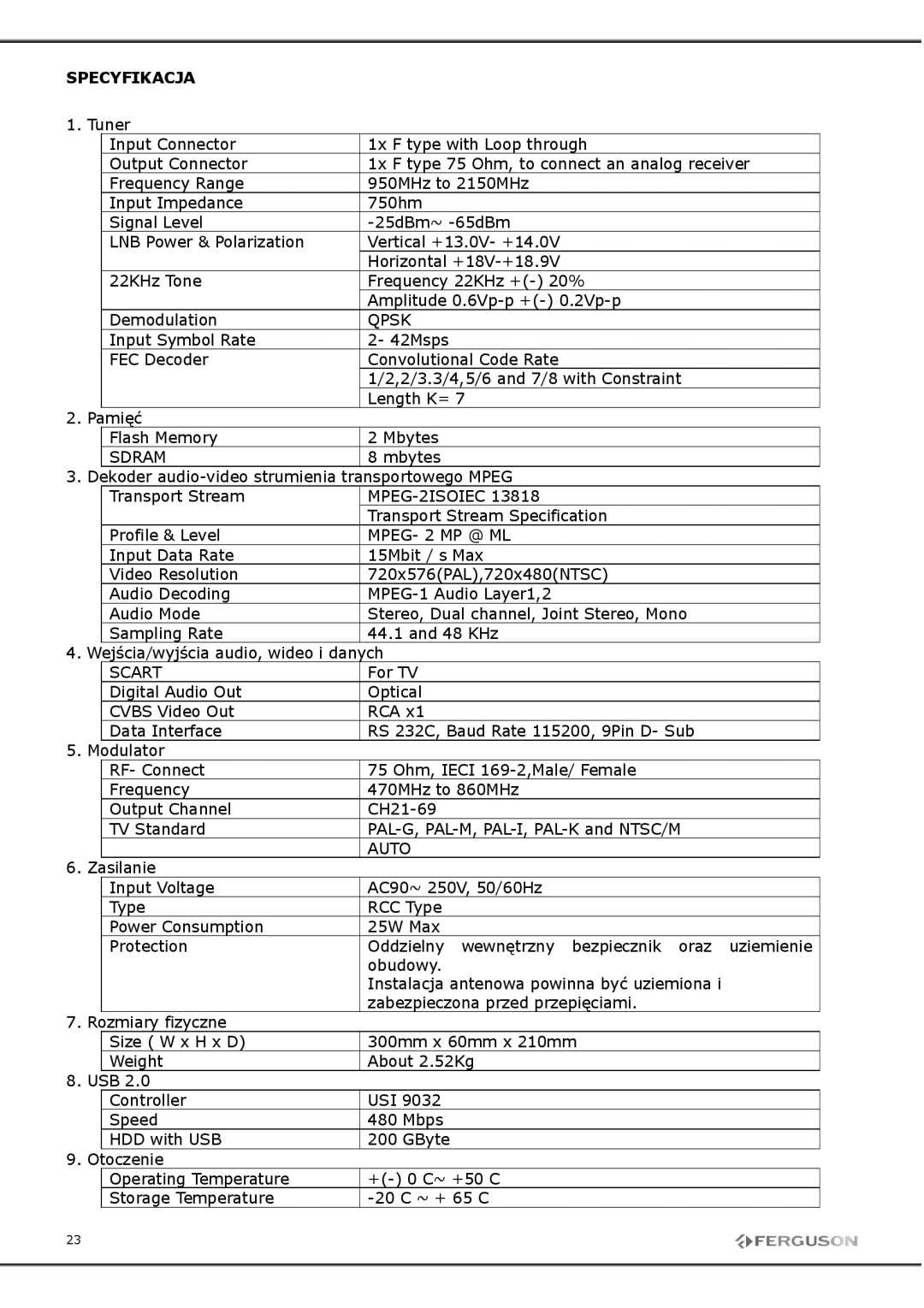 Ferguson FP-9600 USB manual Specyfikacja, Qpsk, Sdram, MPEG2ISOIEC13818, Scart, Auto 