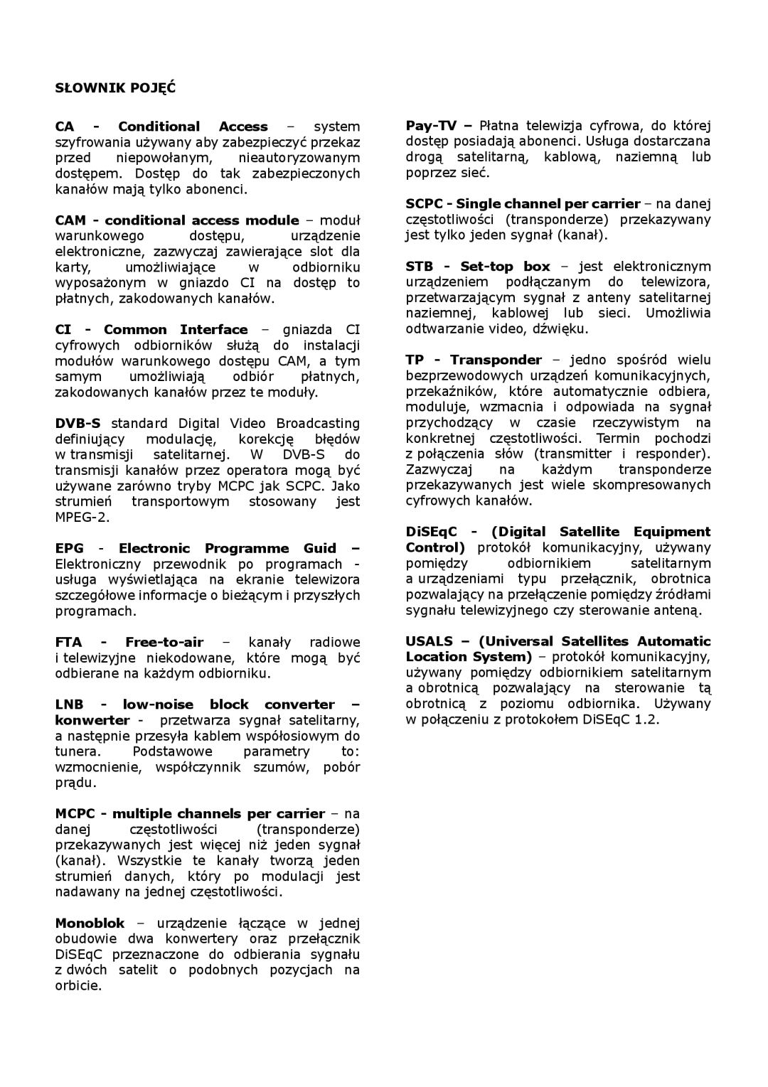 Ferguson FP-9600 USB Słownikpojęć, CA Conditional Access System, CAM conditionalaccessmodule Moduł Warunkowego Dostępu 