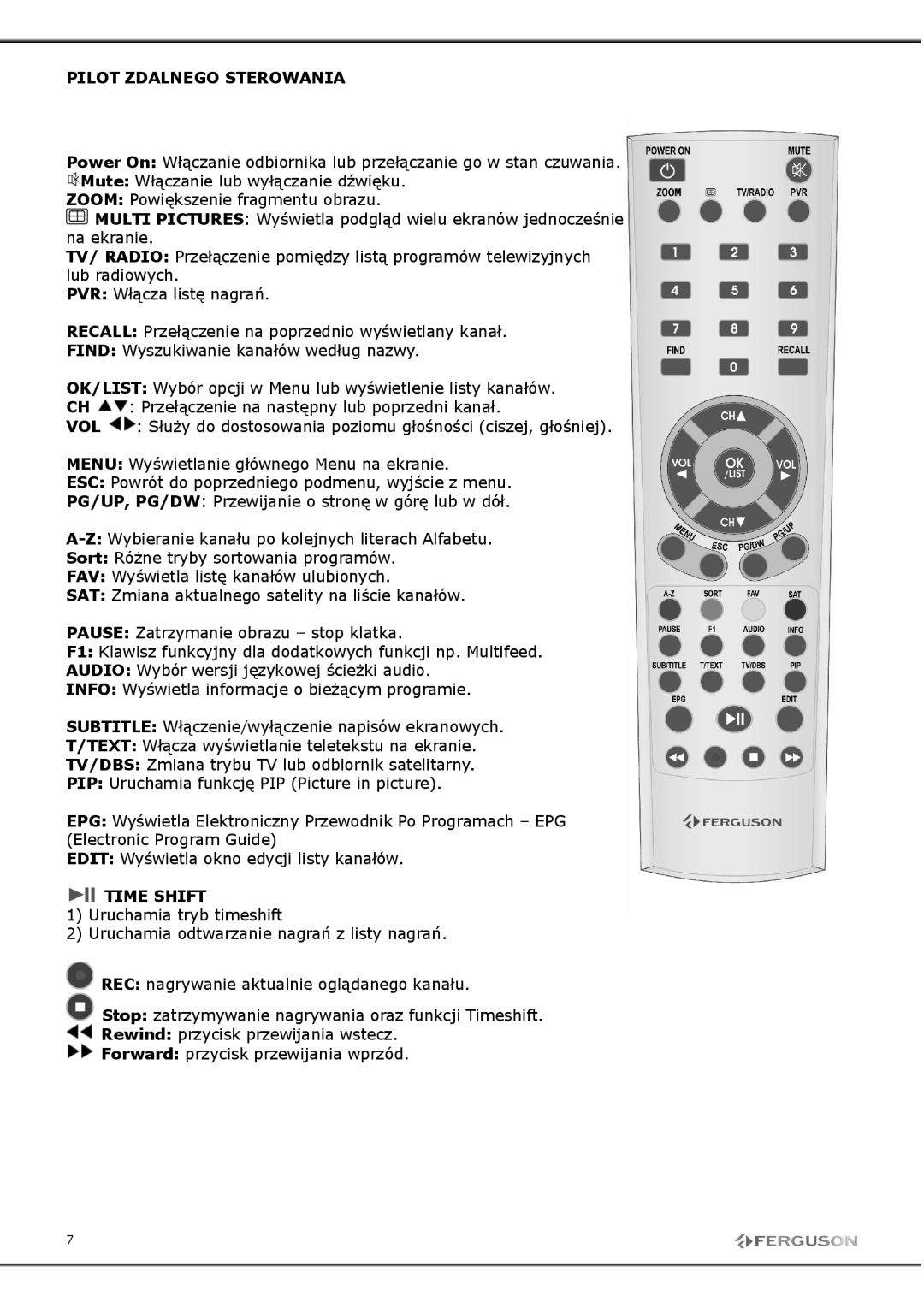 Ferguson FP-9600 USB manual Pilotzdalnegosterowania, PowerOn Włączanieodbiornikalubprzełączaniegowstancz 