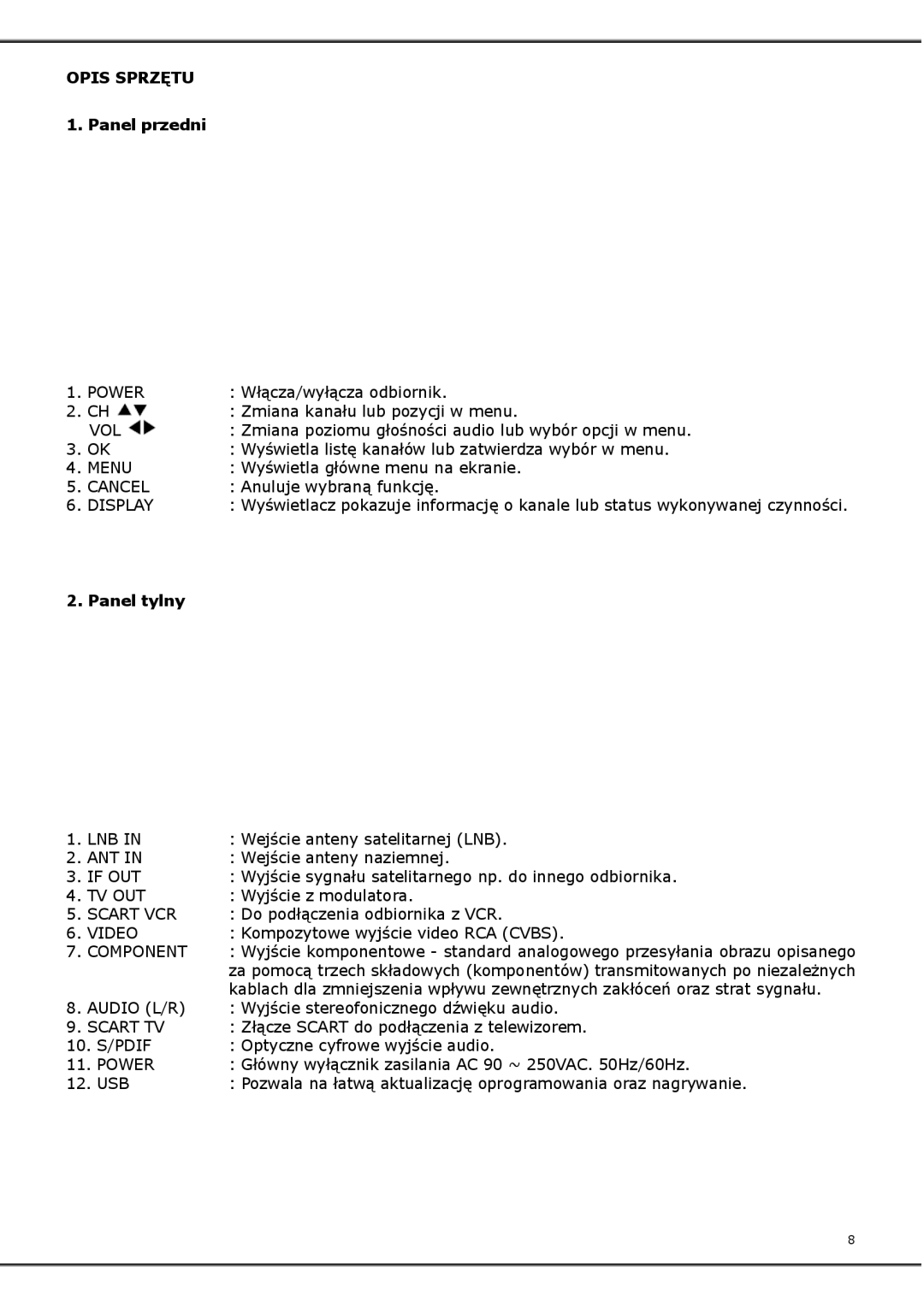 Ferguson FP-9600 USB Opissprzętu, Power, Vol, Menu, Cancel, Display, Lnbin, Antin, Ifout, Tvout, Scartvcr, Video, Audiol/R 