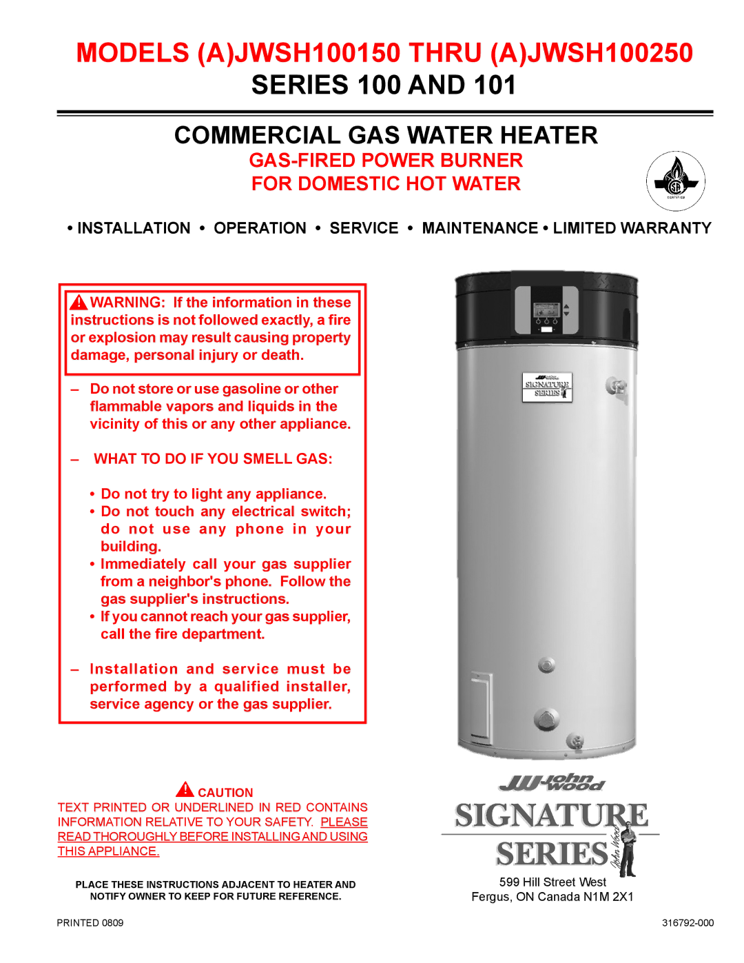 Ferguson warranty Models AJWSH100150 Thru AJWSH100250, Printed 