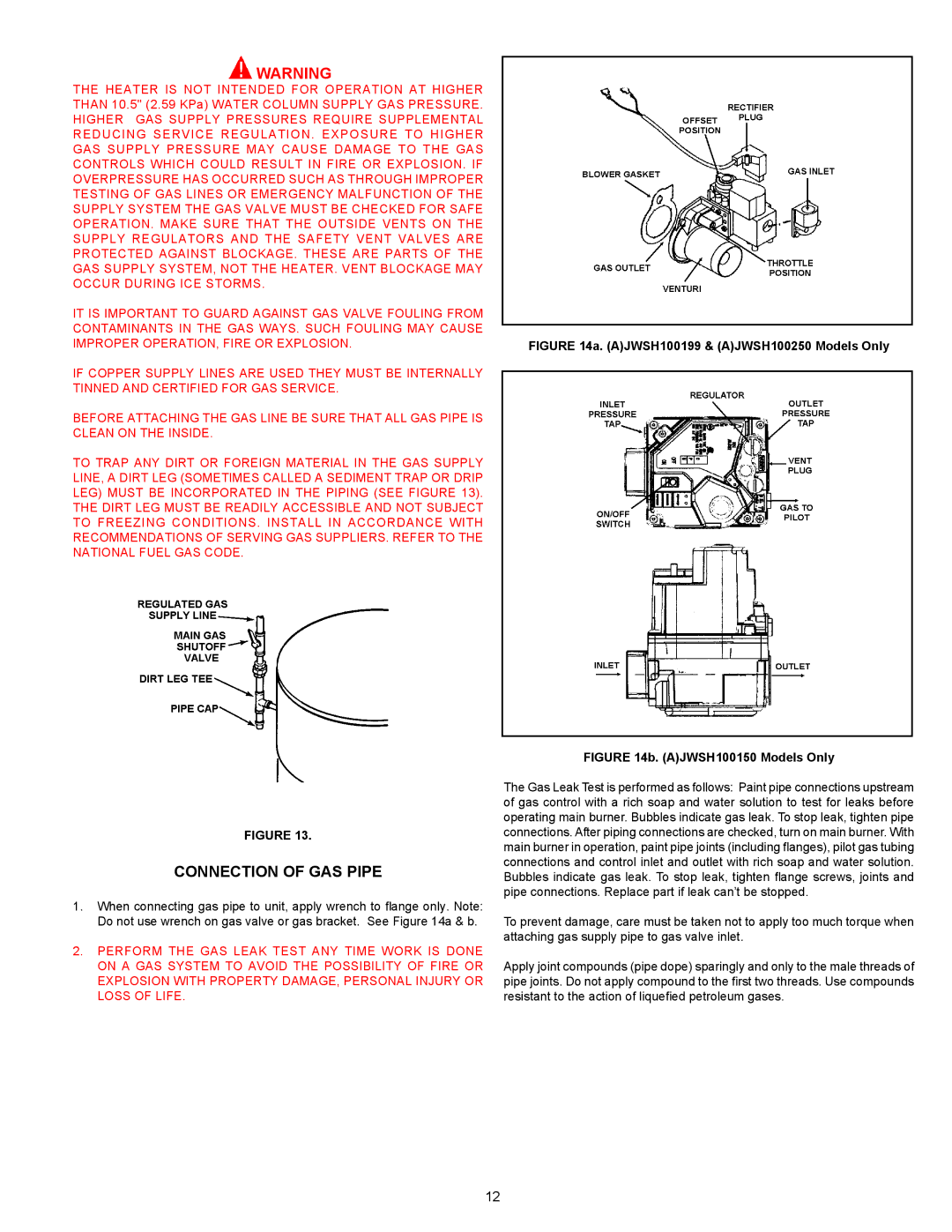 Ferguson JWSH100150 warranty Connection of GAS Pipe, AJWSH100199 & AJWSH100250 Models Only 