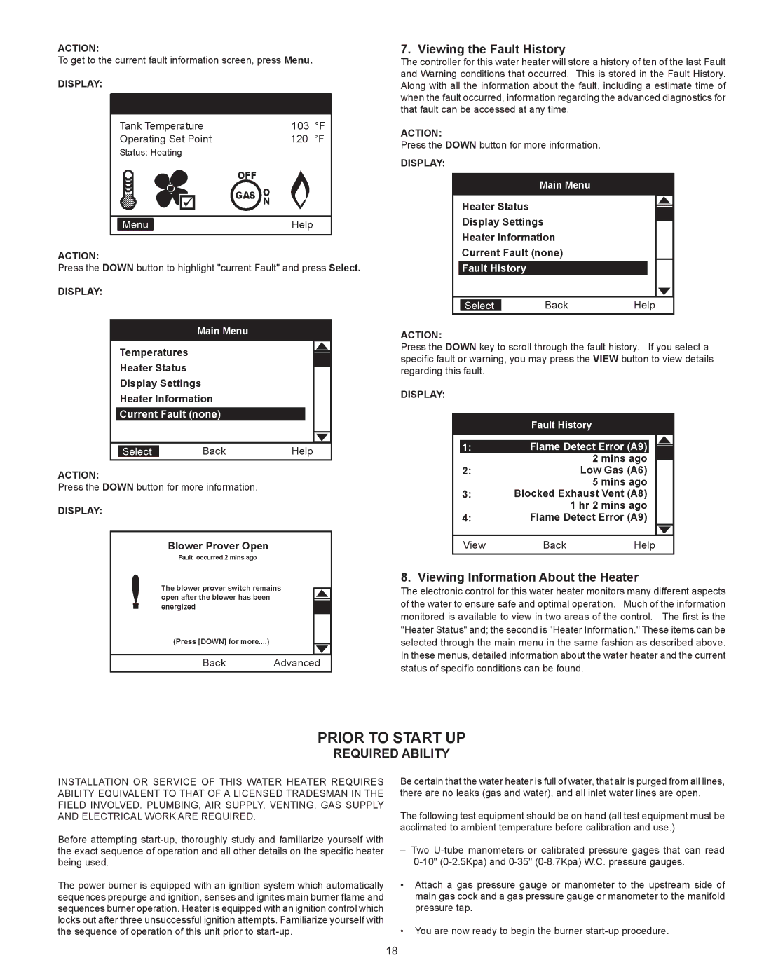 Ferguson JWSH100250, JWSH100150 warranty Prior to Start UP, Viewing the Fault History 