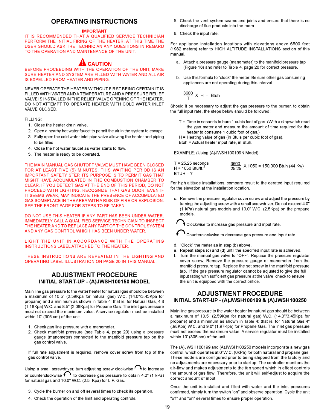 Ferguson JWSH100150, JWSH100250 warranty Operating Instructions, Adjustment Procedure 