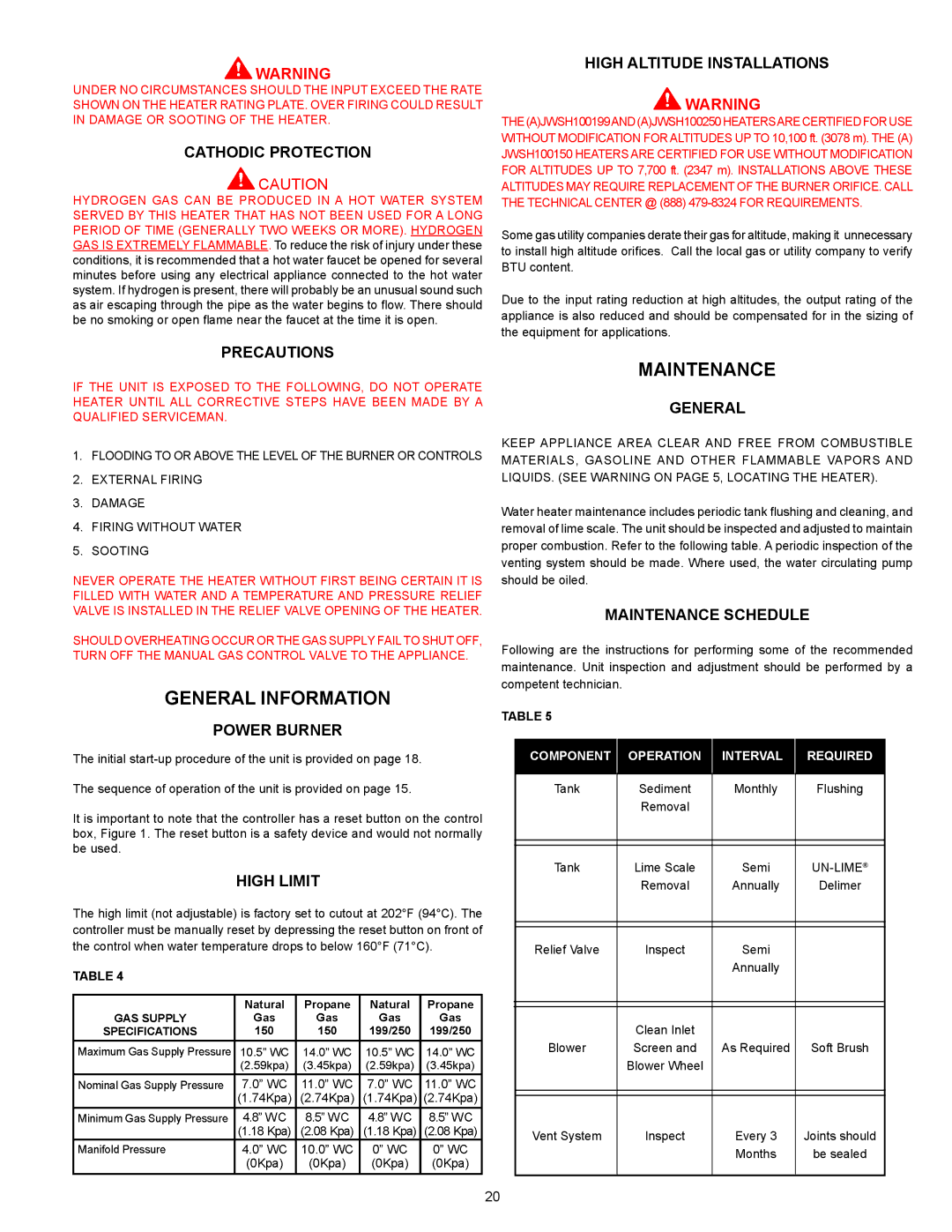 Ferguson JWSH100250, JWSH100150 warranty General Information, Maintenance 