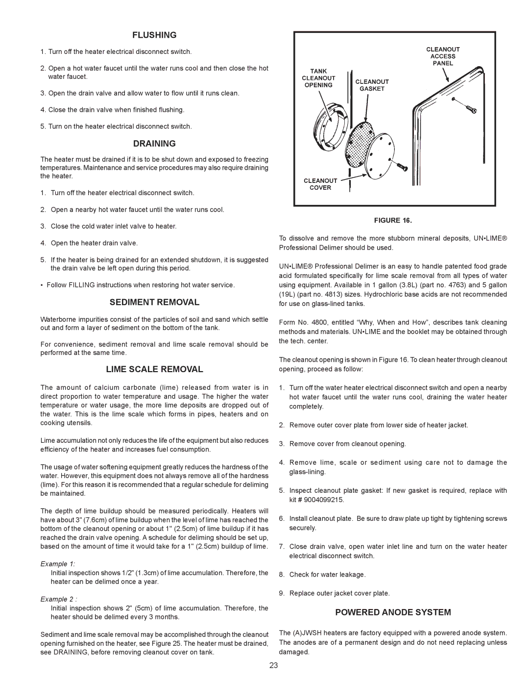 Ferguson JWSH100150, JWSH100250 warranty Flushing, Draining, Sediment Removal, Lime Scale Removal, Powered Anode System 