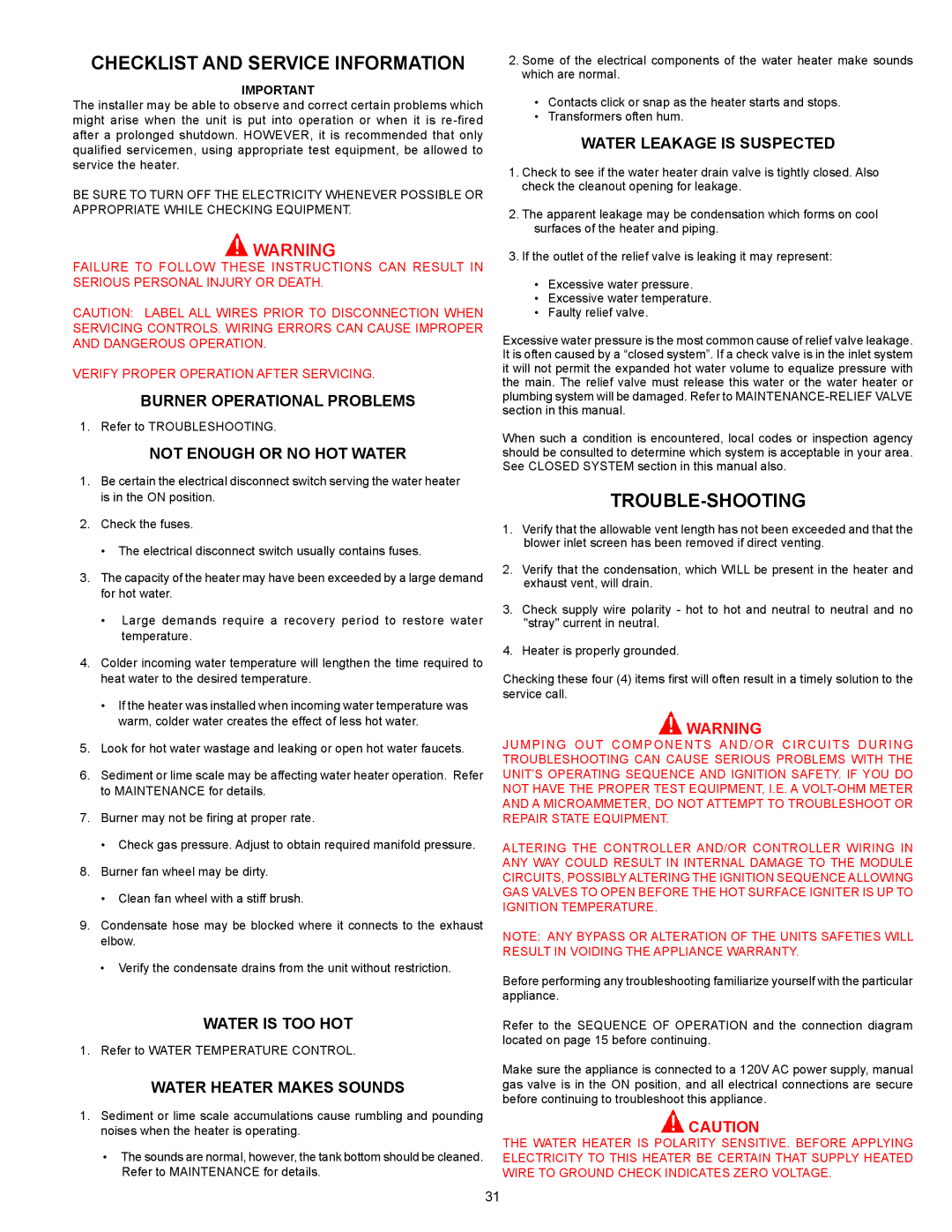 Ferguson JWSH100150, JWSH100250 warranty Checklist and Service Information, Trouble-Shooting 