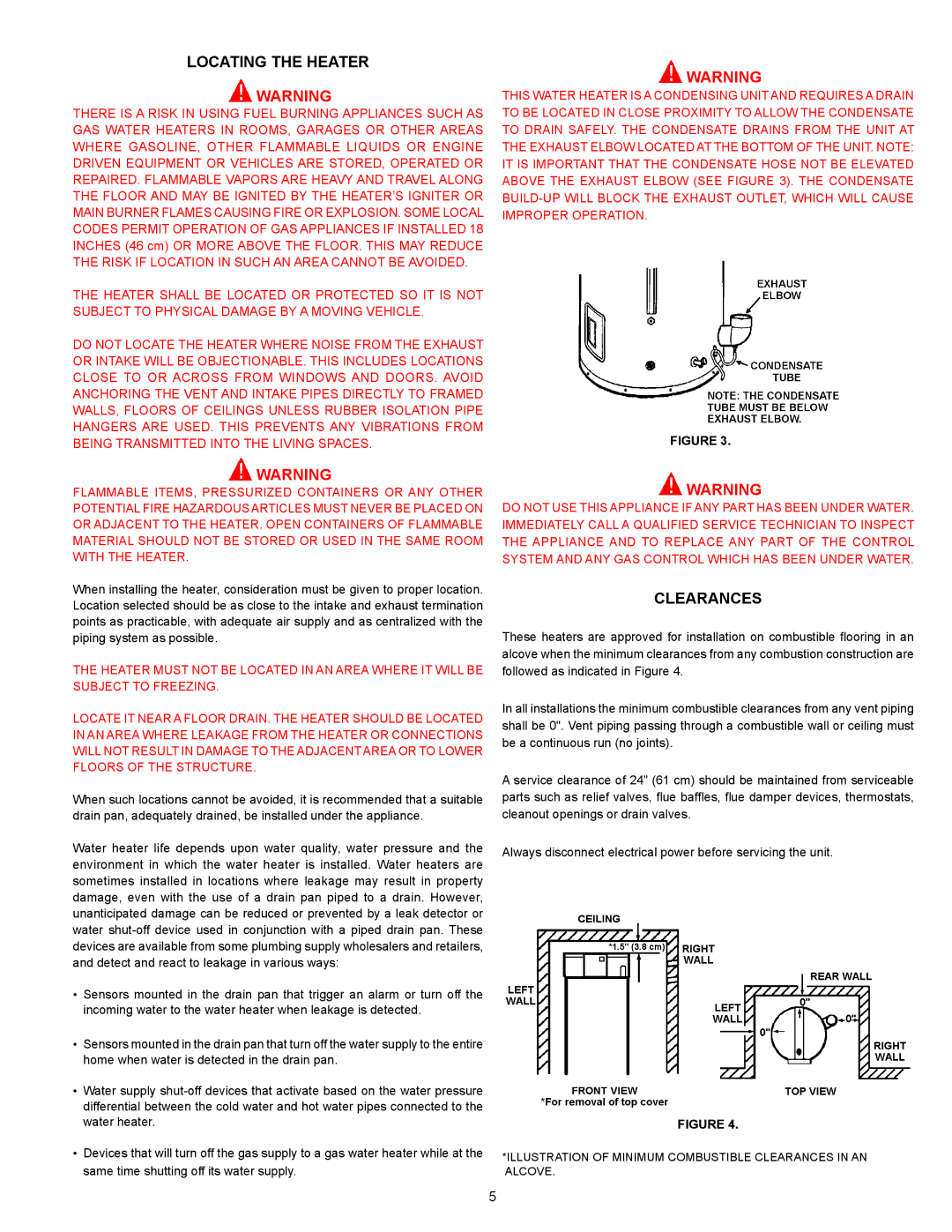 Ferguson JWSH100150, JWSH100250 warranty Locating the Heater, Clearances 