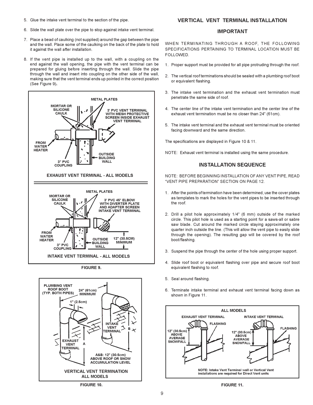 Ferguson JWSH100150, JWSH100250 warranty Vertical Vent Terminal Installation, Installation Sequence 