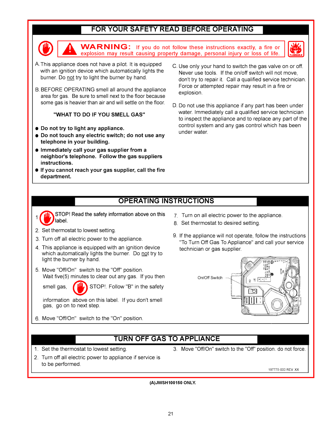 Ferguson JWSH100150, JWSH100250 For Your Safety Read Before Operating, Operating Instructions Turn Off Gas To Appliance 