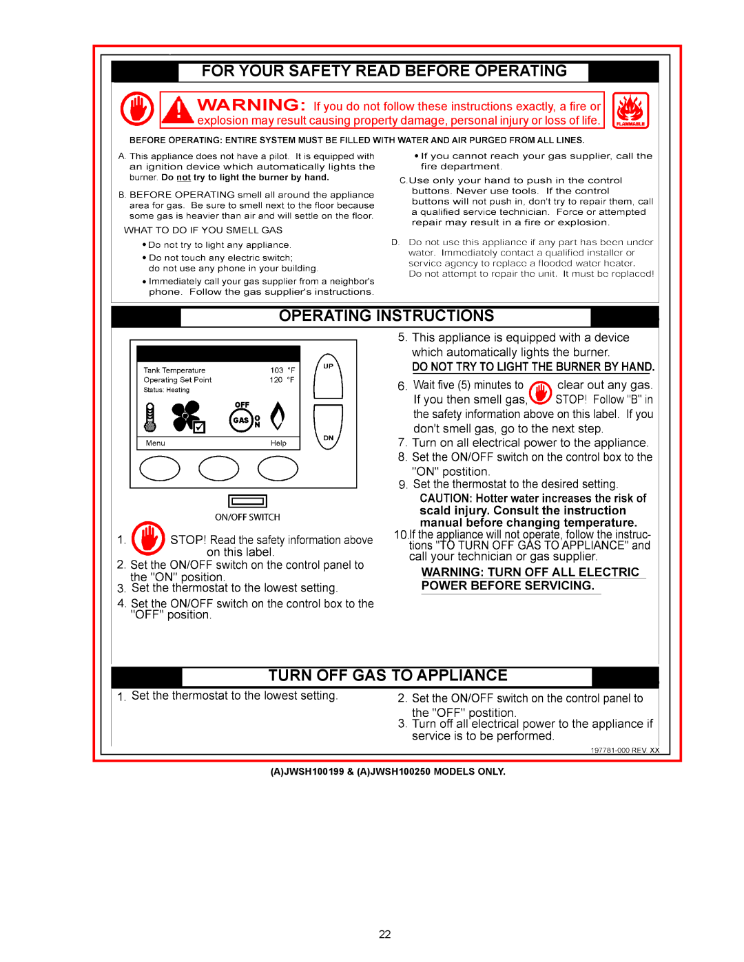 Ferguson JWSH100250, JWSH100150 Operatinginstructions Turnoffoffgastotoappliance, For Your Safety Read Before Operating 