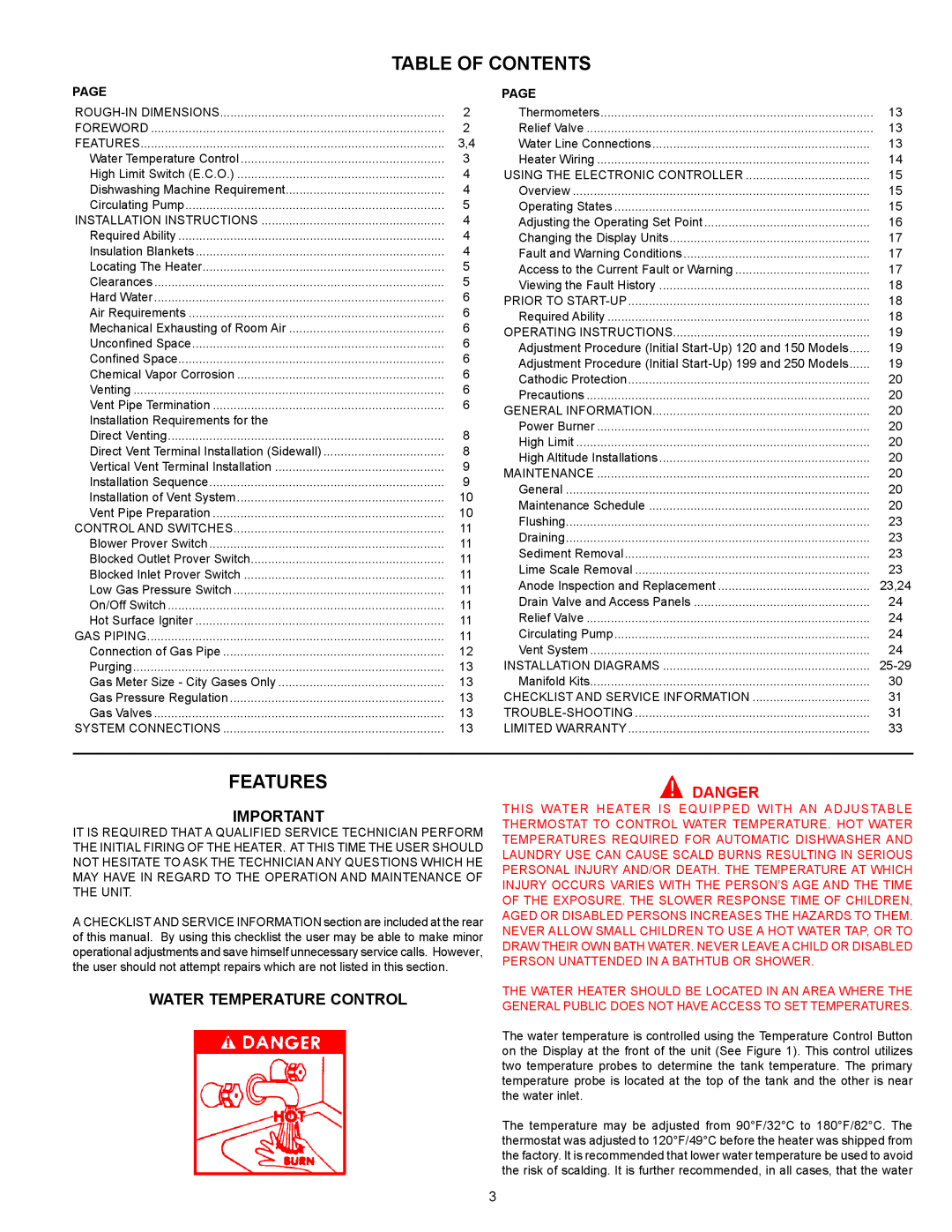 Ferguson JWSH100150, JWSH100250 warranty Table Of Contents, Features, Water Temperature Control, Danger, Page 