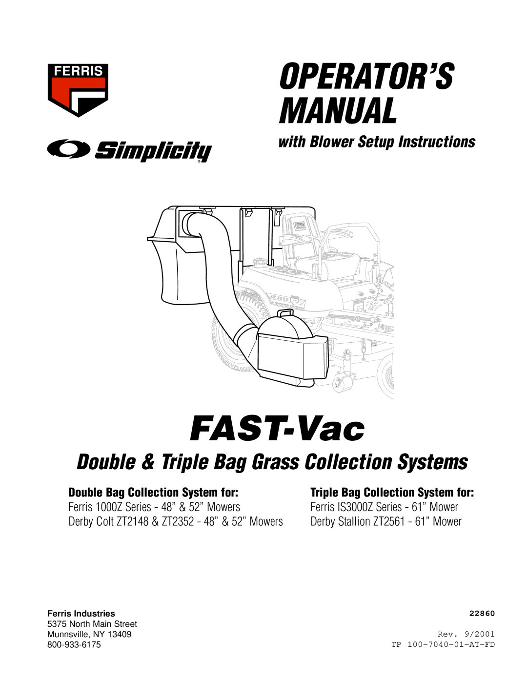 Ferris Industries IS3000z Series, 1000z Series manual OPERATOR’S Manual, Triple Bag Collection System for 