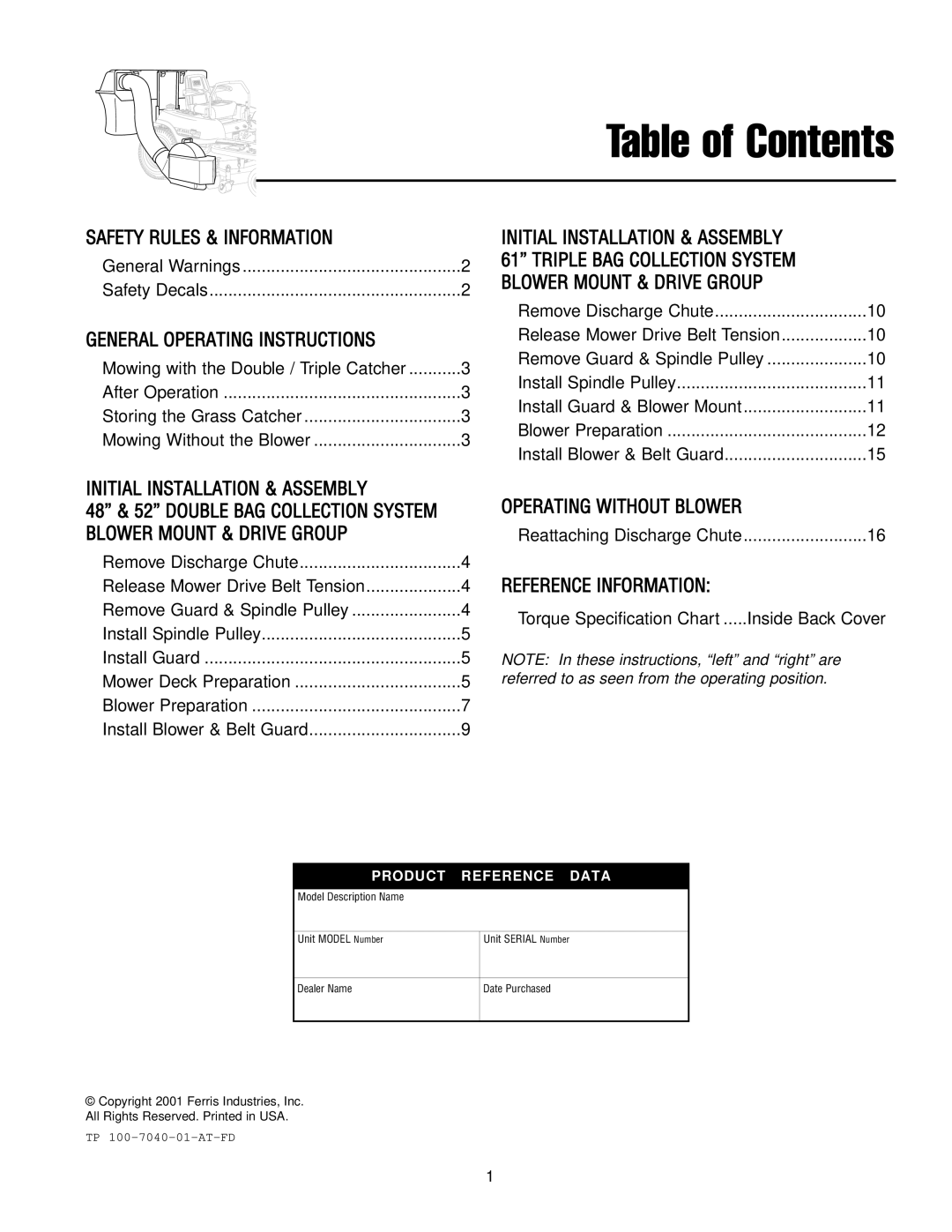 Ferris Industries IS3000z Series, 1000z Series manual Table of Contents 