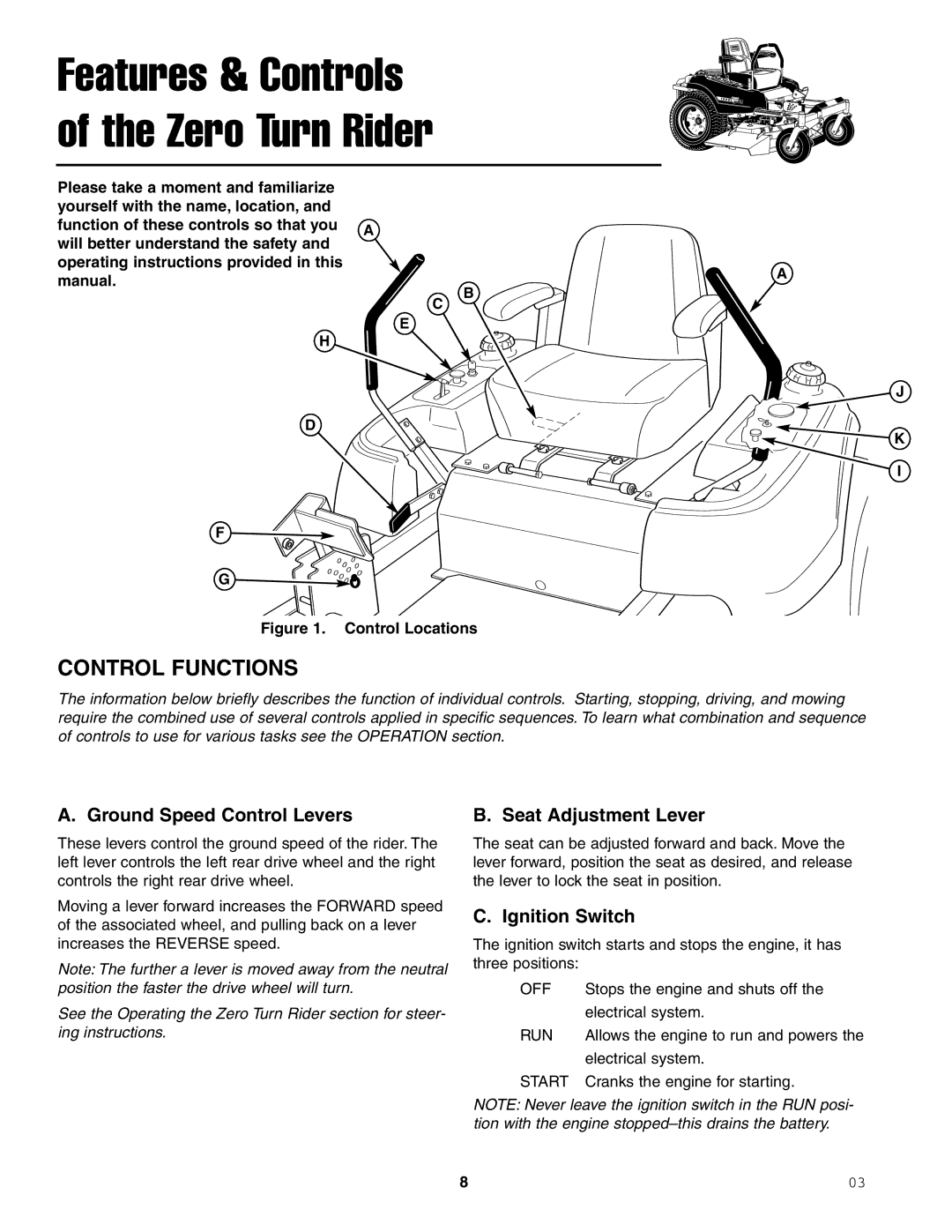 Ferris Industries 1000ZK23/52 manual Control Functions, Ground Speed Control Levers, Seat Adjustment Lever, Ignition Switch 