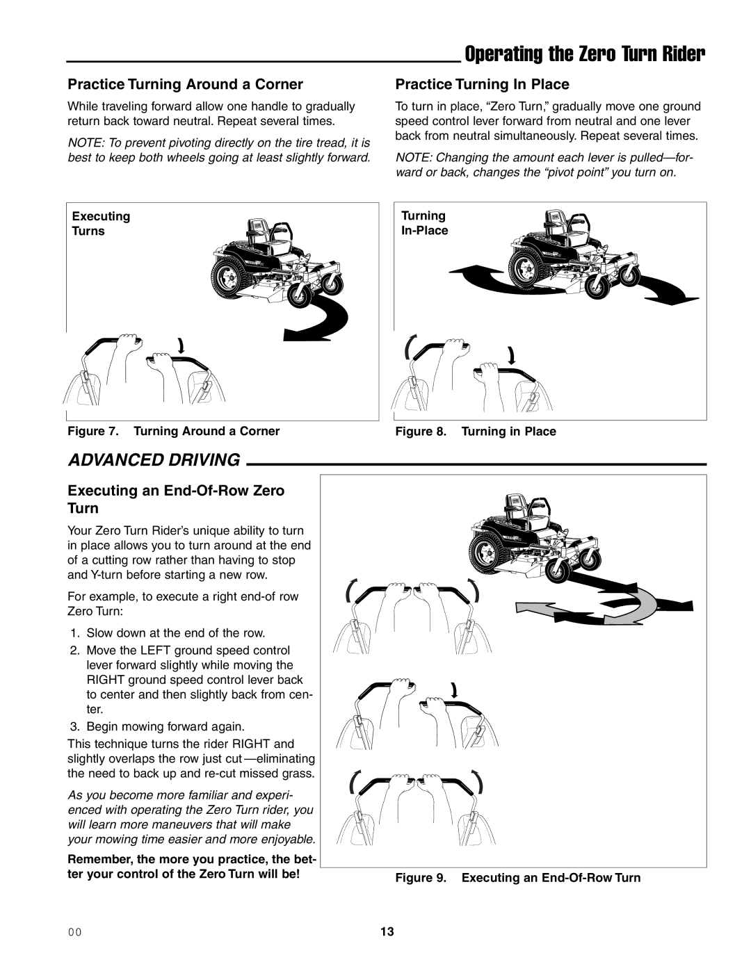 Ferris Industries 1000ZKAV21/48CE manual Practice Turning Around a Corner, Practice Turning In Place, Executing, Turns 