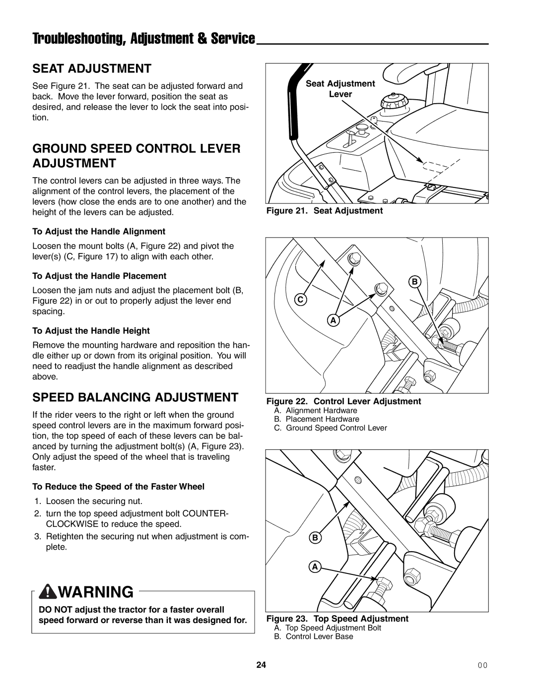 Ferris Industries 1000ZK21/48 manual Troubleshooting, Adjustment & Service, Seat Adjustment, Speed Balancing Adjustment 