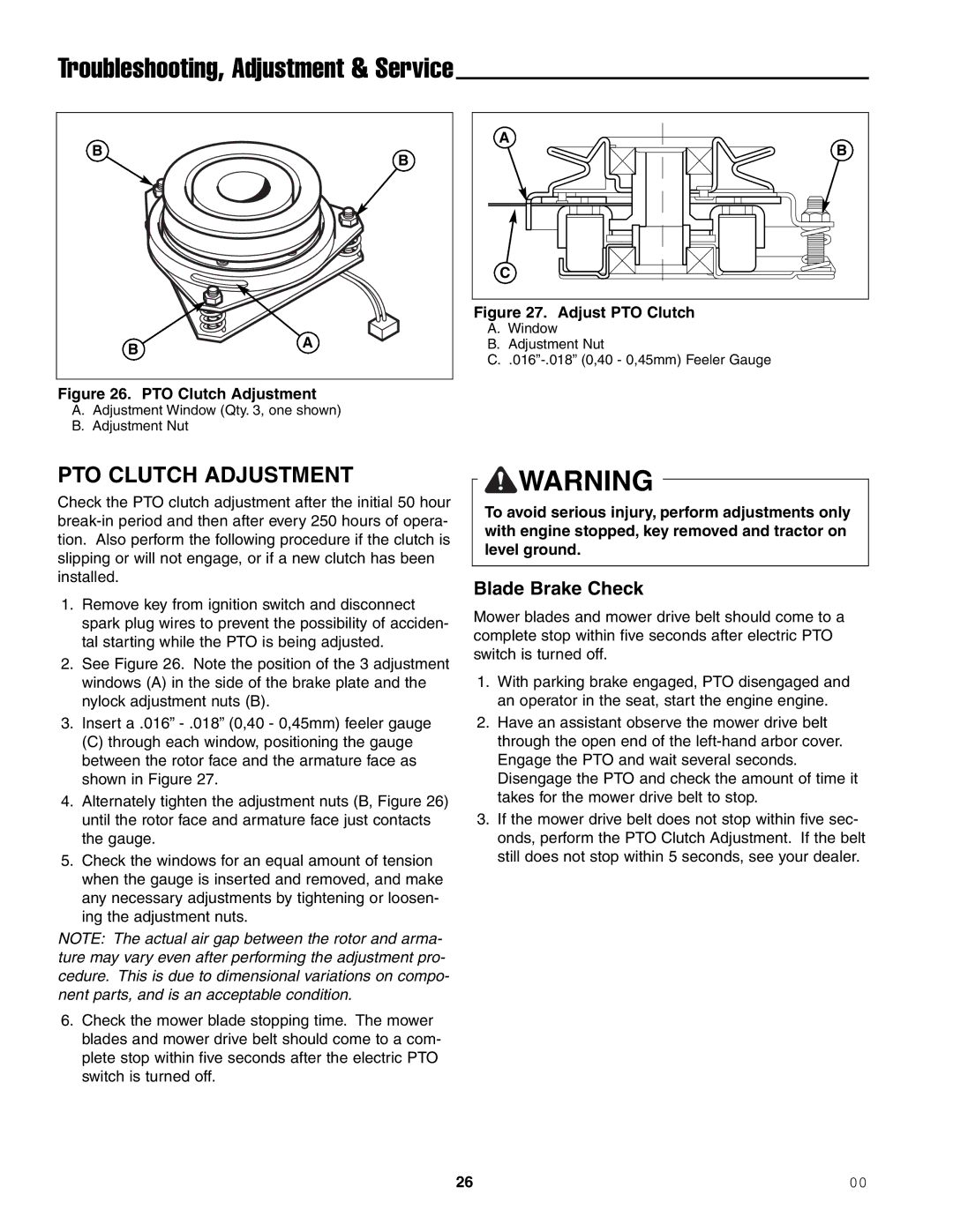 Ferris Industries 1000ZKAV23/61, 1000ZKAV21/48CE, 1000ZK23/52, 1000ZKAV23/52 manual PTO Clutch Adjustment, Blade Brake Check 