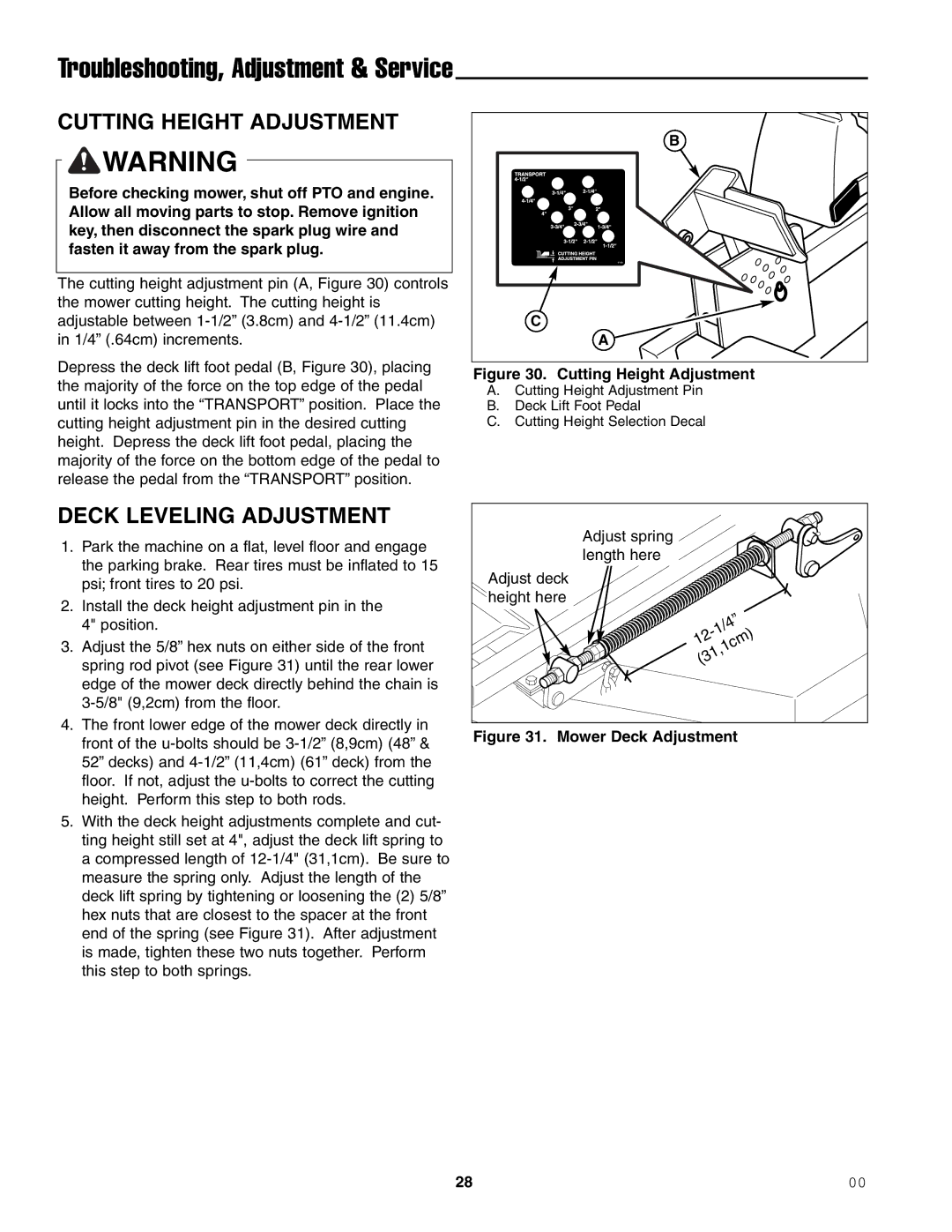 Ferris Industries 1000ZKAV23/61, 1000ZKAV21/48CE, 1000ZK23/52 manual Cutting Height Adjustment, Deck Leveling Adjustment 