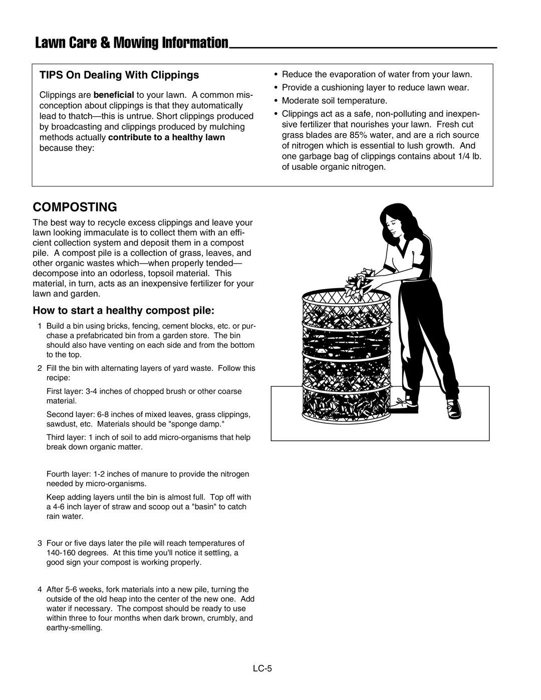 Ferris Industries 1000ZK23/52, 1000ZK21/48 Composting, Tips On Dealing With Clippings, How to start a healthy compost pile 