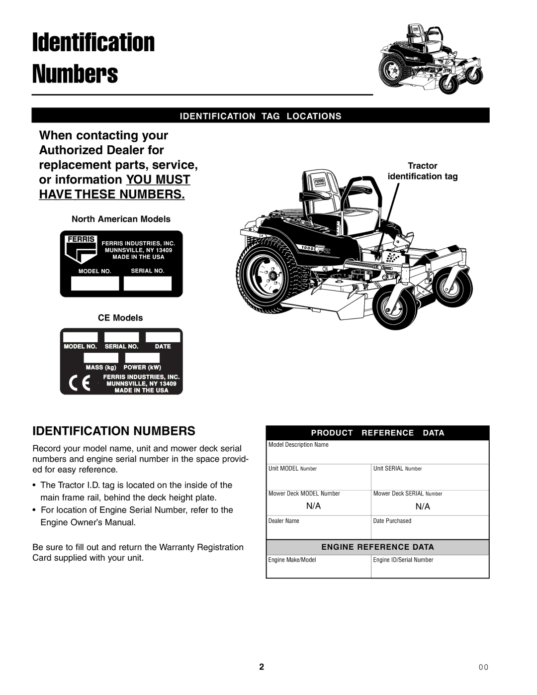 Ferris Industries 1000ZKAV23/52 manual Identification Numbers, North American Models CE Models, Tractor Identification tag 