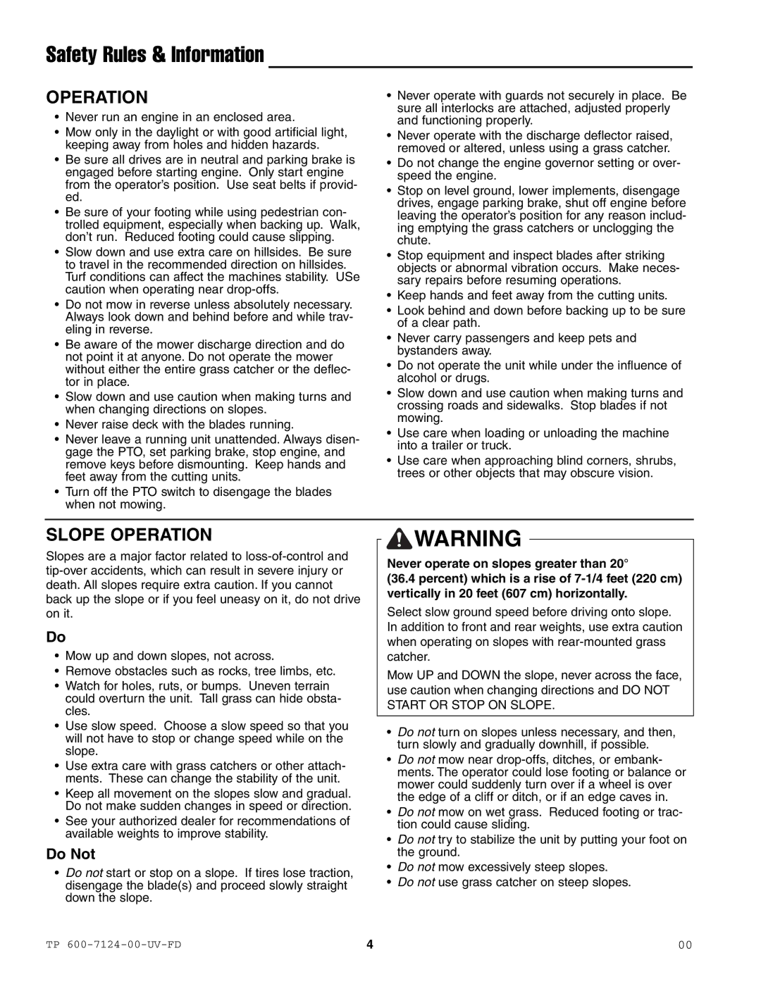 Ferris Industries 1000ZK27/61, 1000ZKAV23/61, 1000ZKAV21/48CE manual Safety Rules & Information, Slope Operation, Do Not 