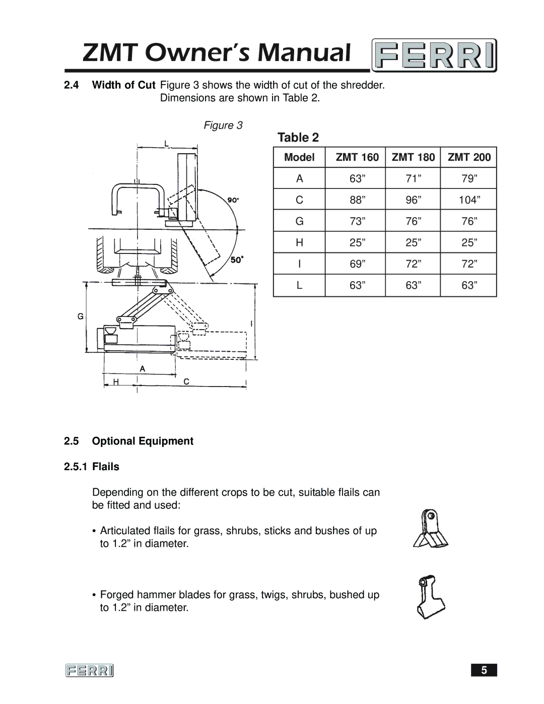 Ferris Industries 160 owner manual Model ZMT, Optional Equipment 2.5.1 Flails 