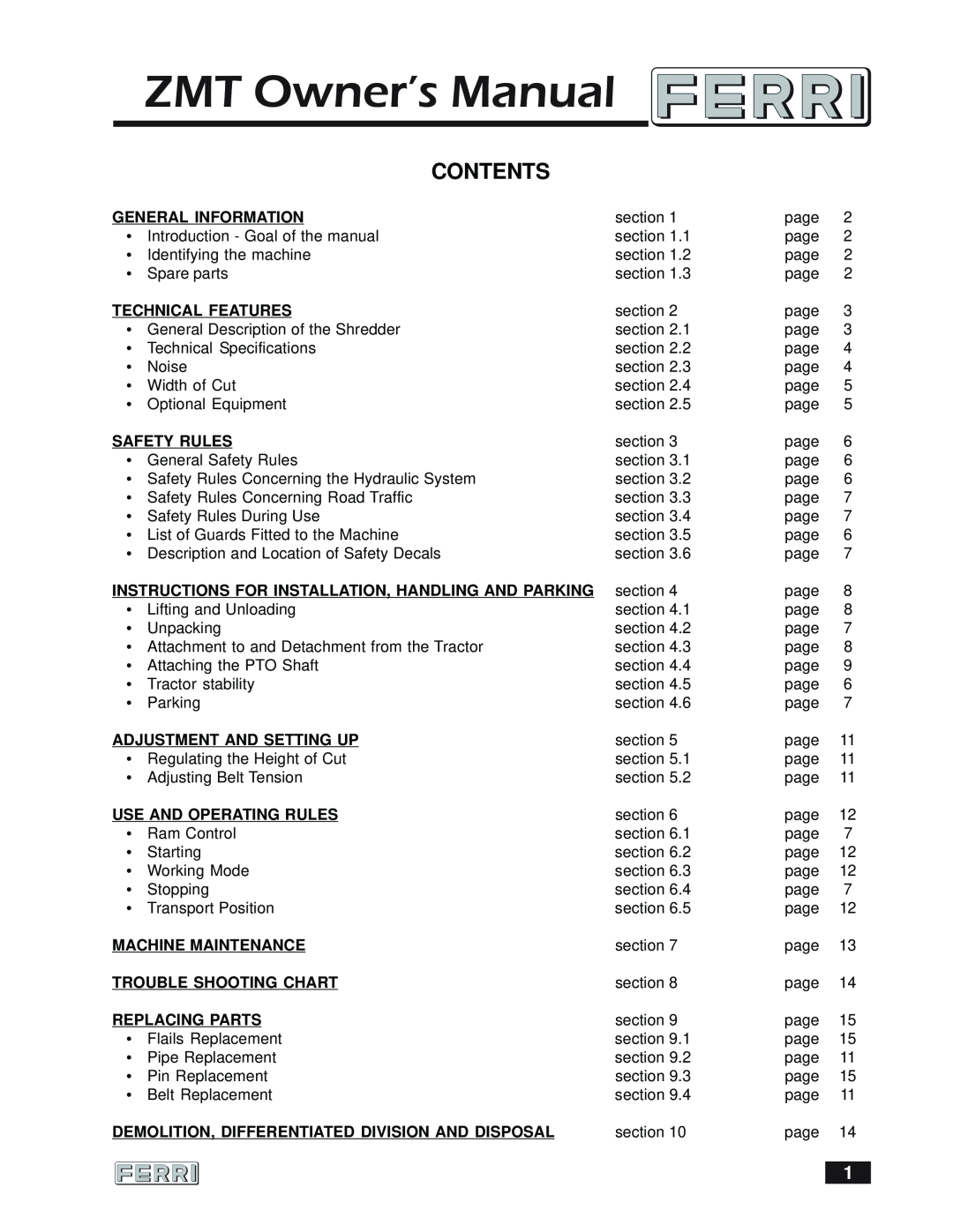 Ferris Industries 160 owner manual Contents 
