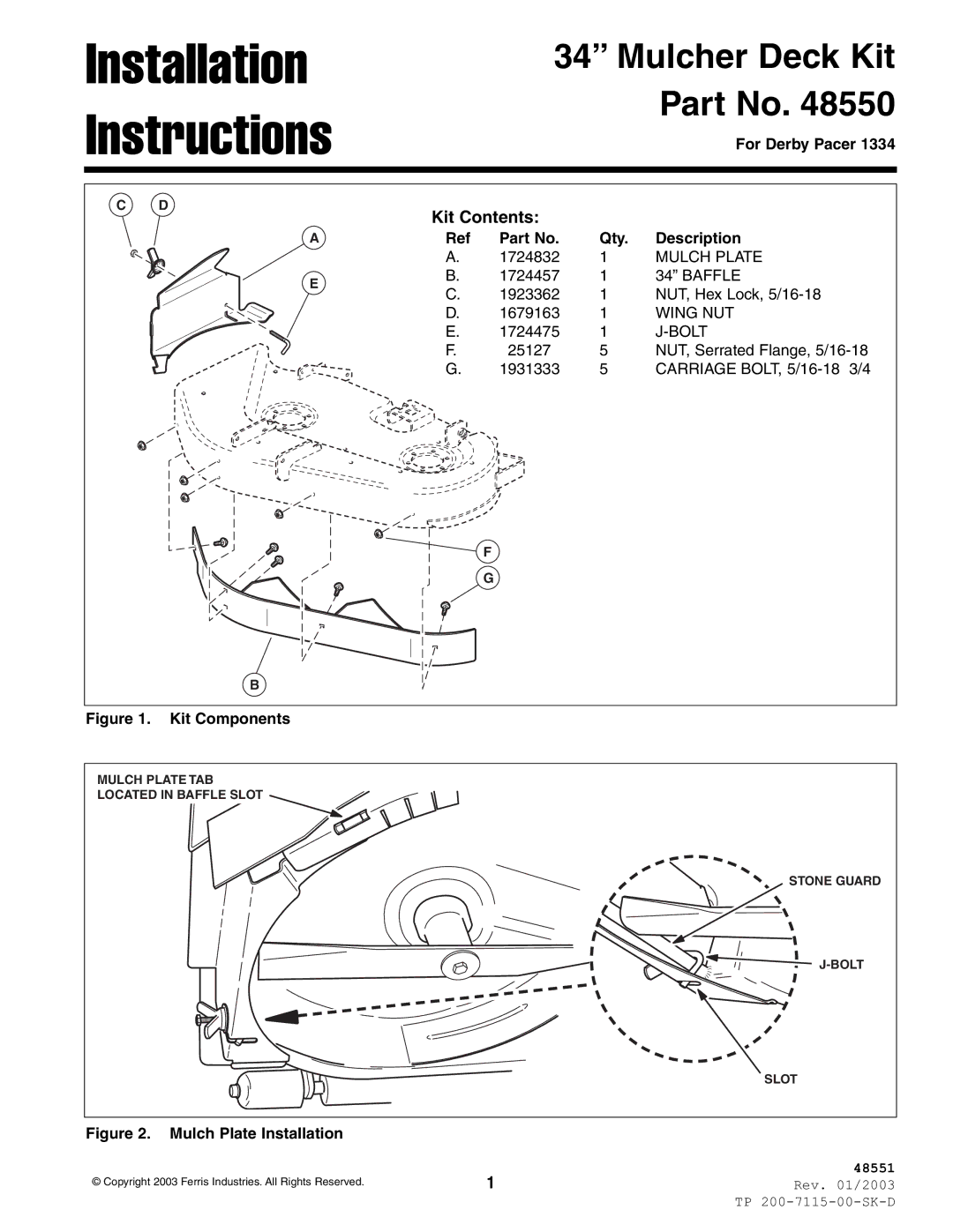 Ferris Industries 48550 installation instructions Installation Instructions, Mulcher Deck Kit Part No, Kit Contents 