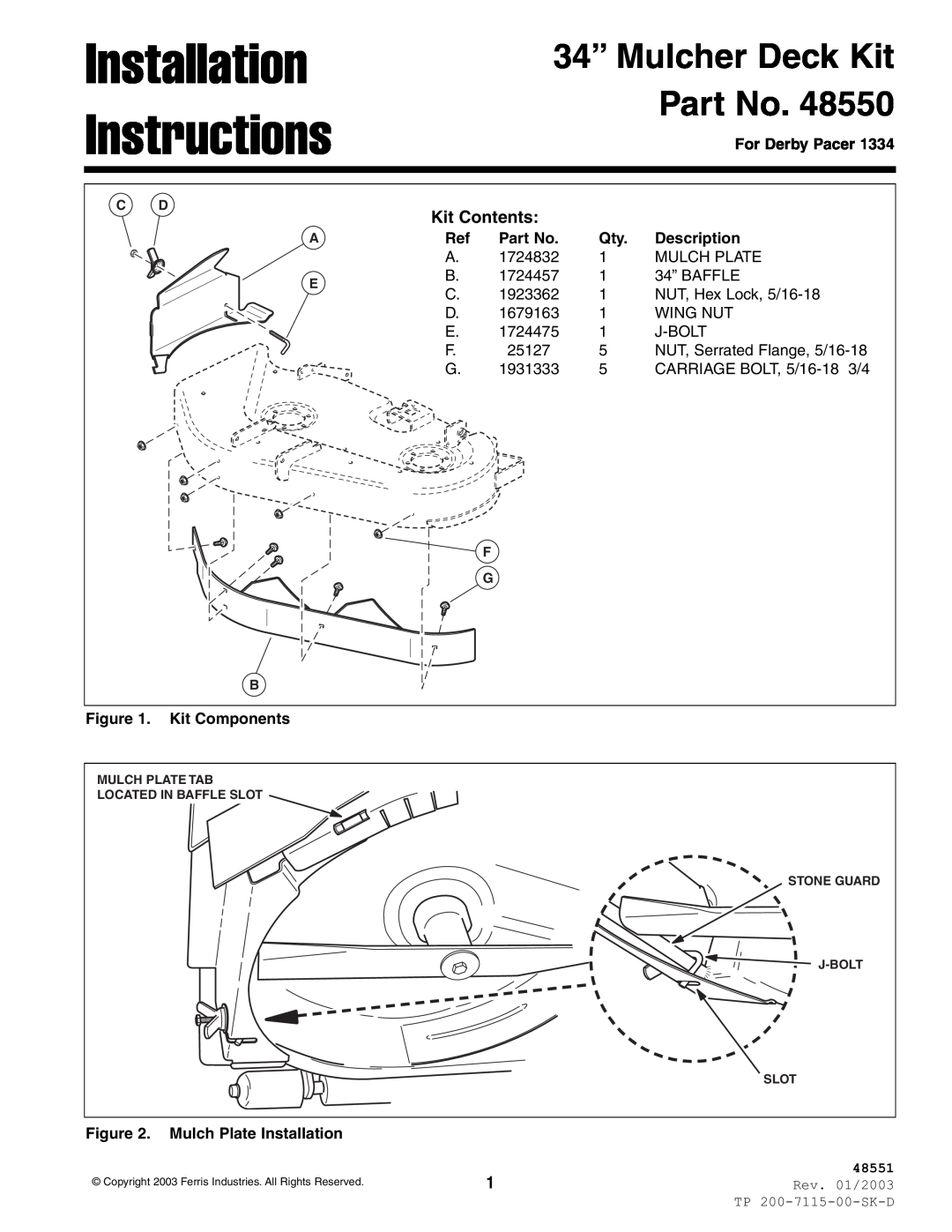 Ferris Industries 48550 installation instructions For Derby Pacer, Description, Kit Components, Mulch Plate Installation 