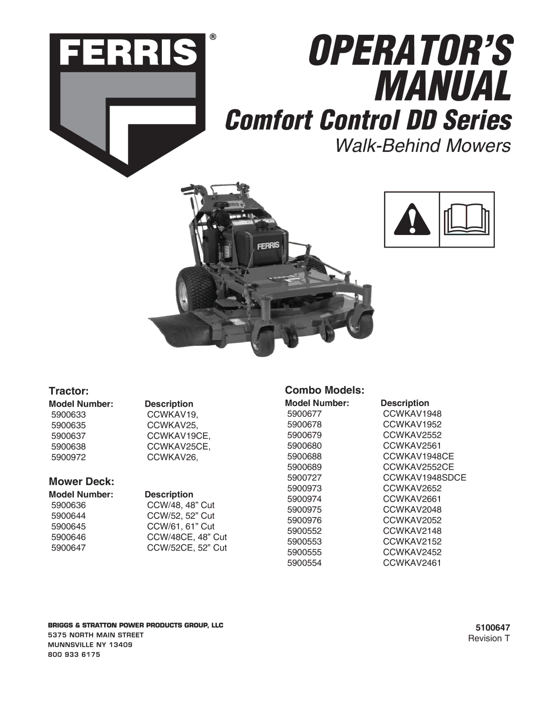 Ferris Industries 5900636, 5900645, 5900646 manual Tractor Combo Models, Mower Deck, Model Number Description, 5100647 