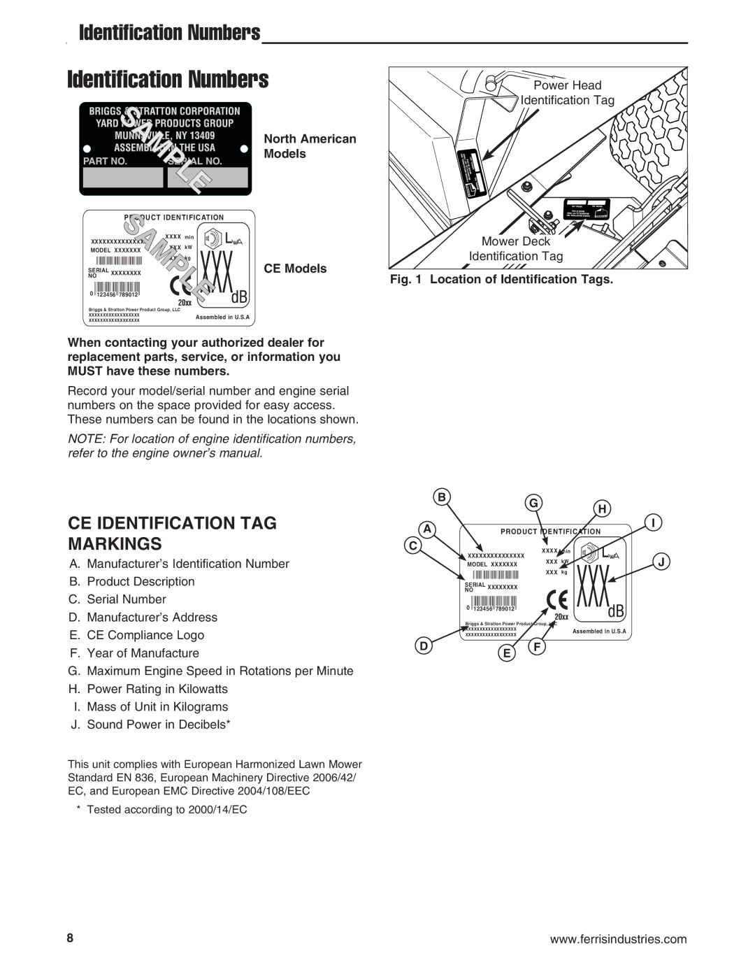 Ferris Industries 5900645, 5900636 Identification Numbers, CE Identification TAG Markings, North American, CE Models 