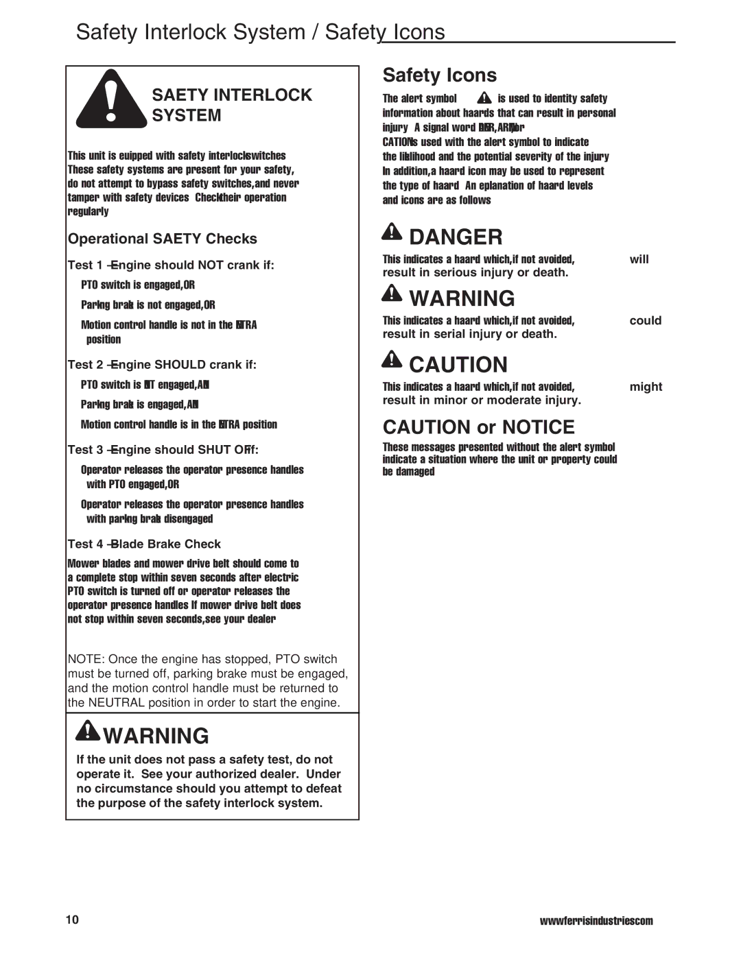 Ferris Industries 5900646, 5900645, 5900636, 5900638 manual Safety Interlock System / Safety Icons, Operational Safety Checks 