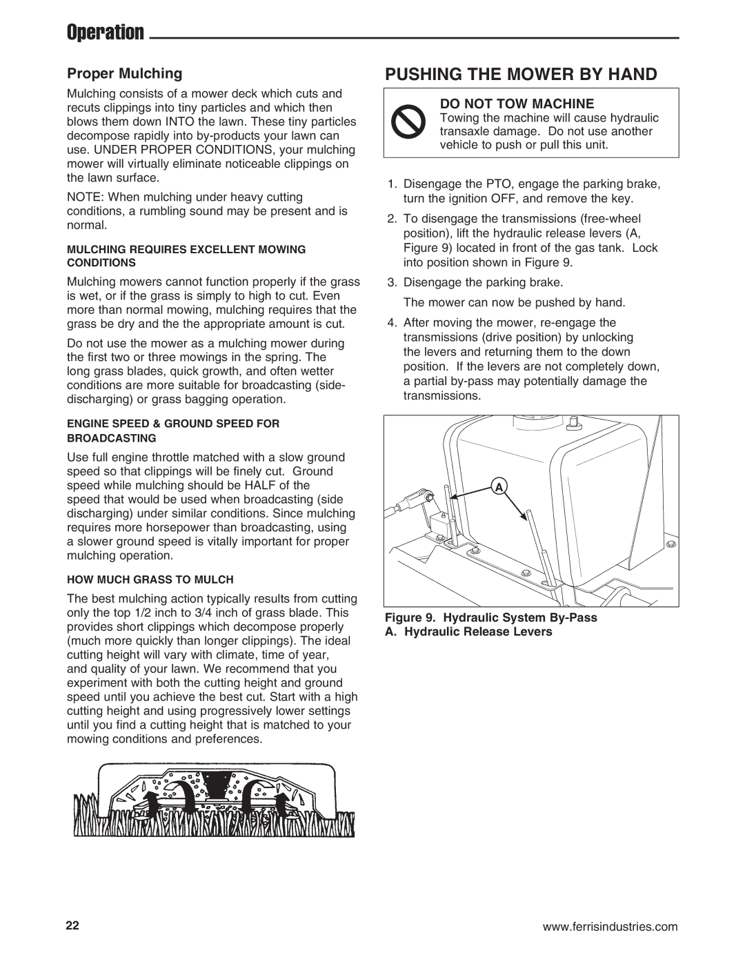 Ferris Industries 5900635, 5900645, 5900636, 5900646, 5900638, 5900637, 5900644 manual Pushing the Mower by Hand, Proper Mulching 