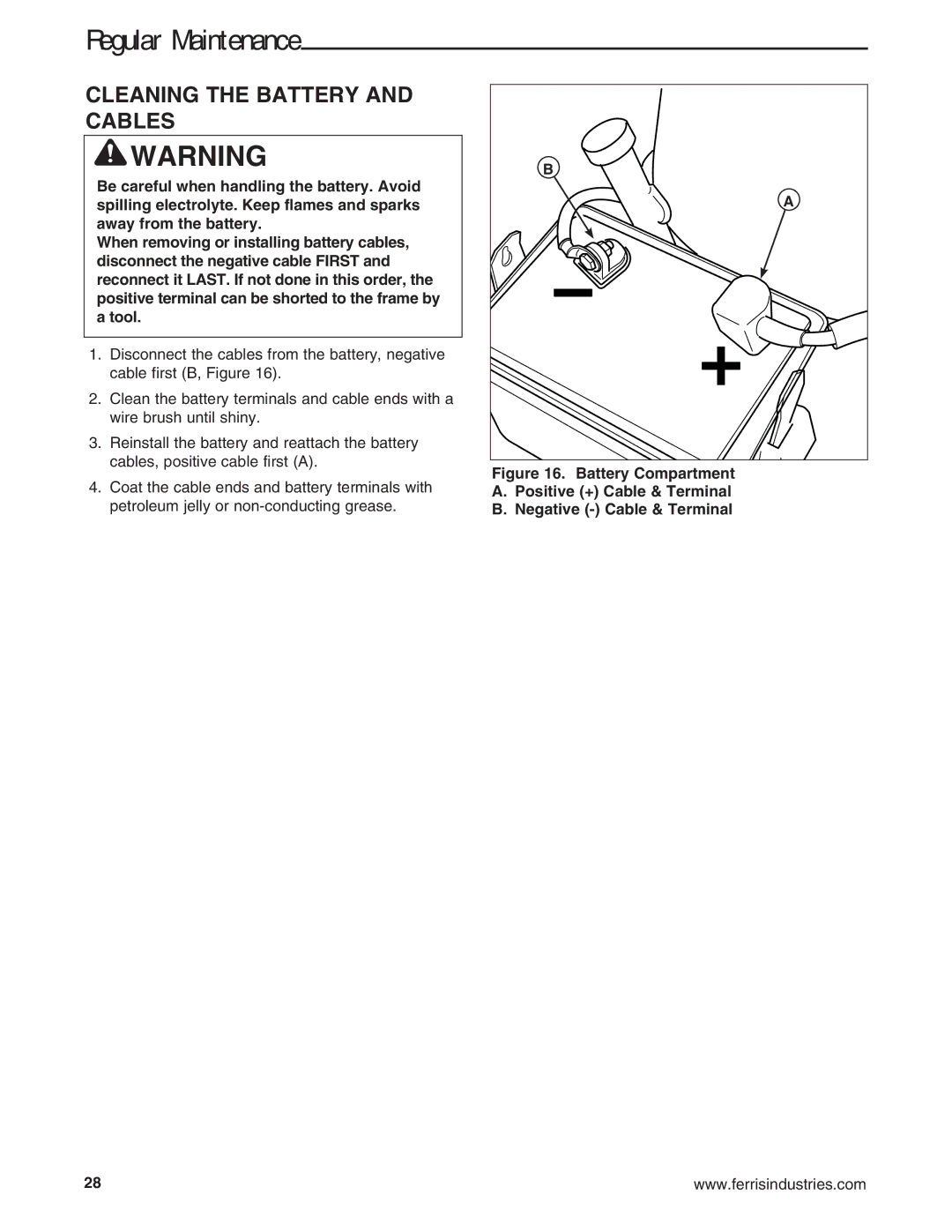 Ferris Industries 5900645 Cleaning the Battery and Cables, Tool, Positive + Cable & Terminal, Negative Cable & Terminal 