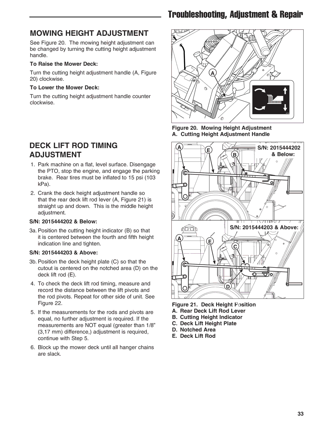 Ferris Industries 5900637, 5900645, 5900636, 5900646, 5900638 manual Mowing Height Adjustment, Deck Lift ROD Timing Adjustment 