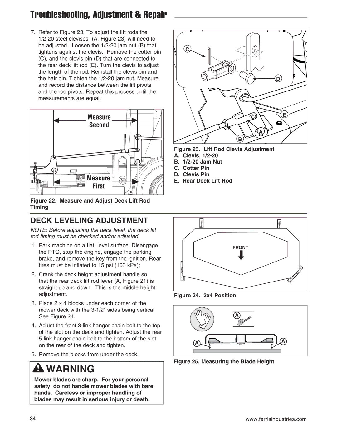 Ferris Industries 5900644, 5900645, 5900636, 5900646, 5900638, 5900635 manual Deck Leveling Adjustment, Measure, Me asure, First 