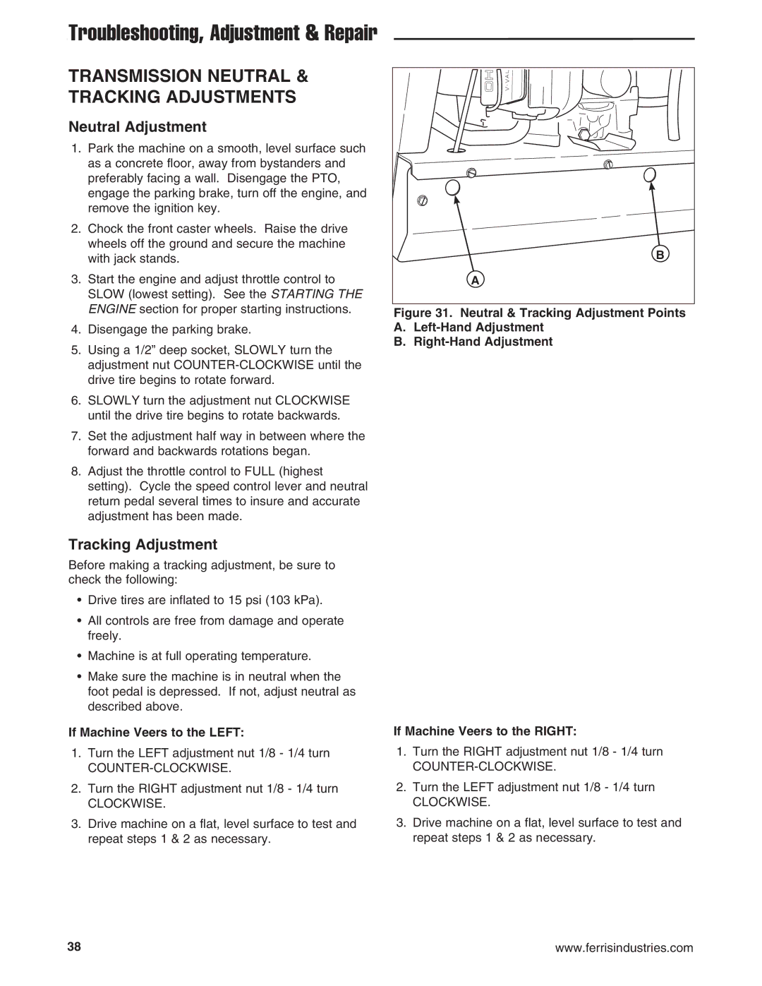 Ferris Industries 5900645 Transmission Neutral & Tracking Adjustments, Neutral Adjustment, If Machine Veers to the Left 