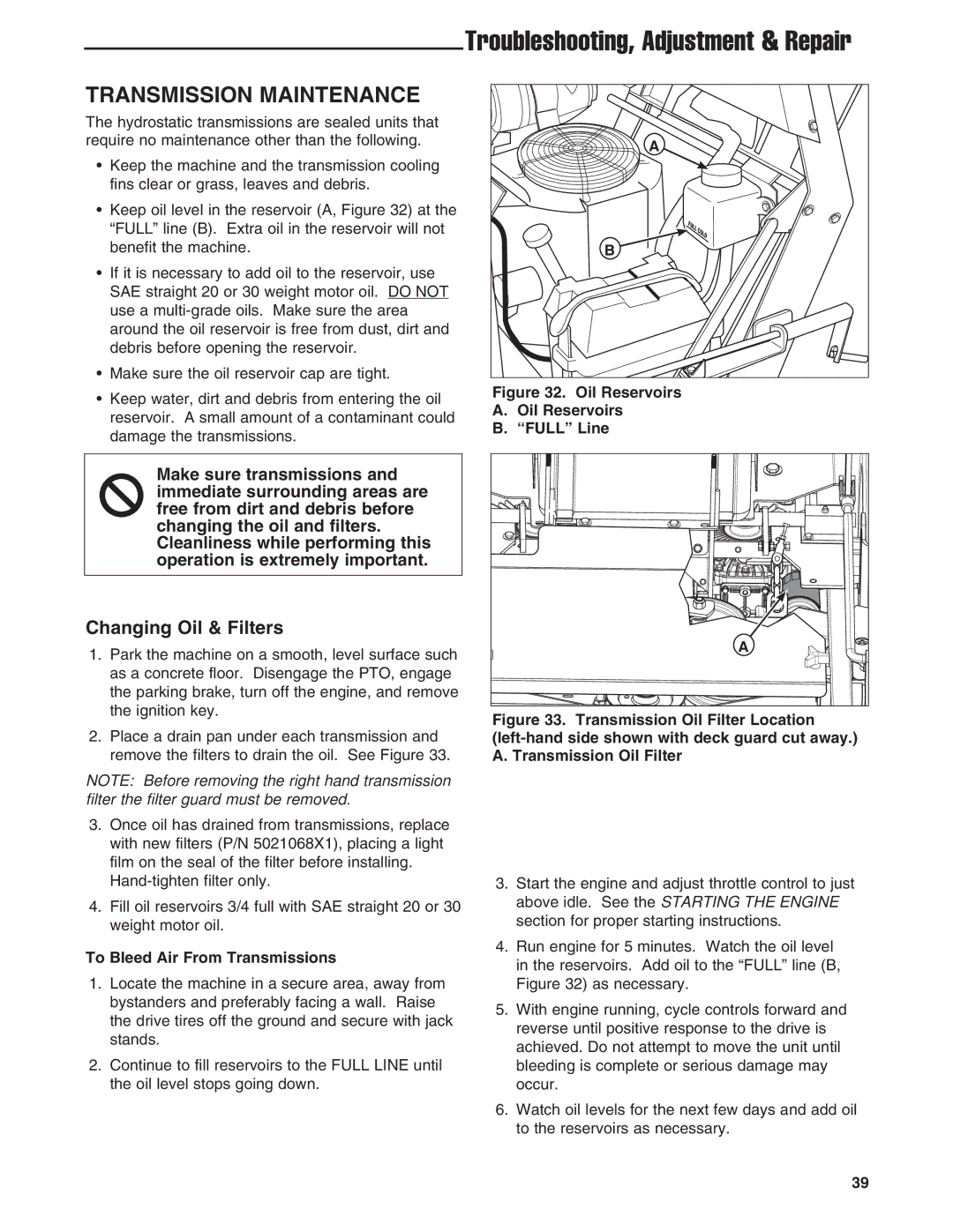 Ferris Industries 5900636, 5900645 manual Transmission Maintenance, Changing Oil & Filters, To Bleed Air From Transmissions 