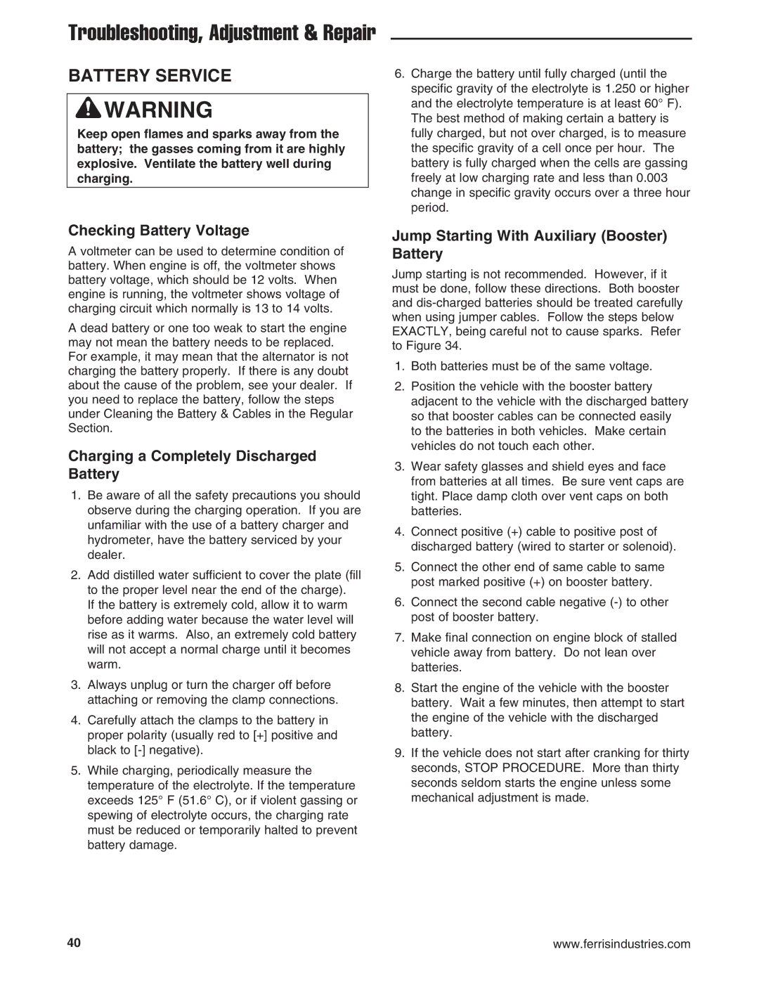Ferris Industries 5900646, 5900645 Battery Service, Checking Battery Voltage, Charging a Completely Discharged Battery 