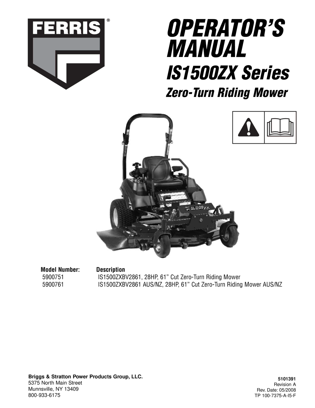 Ferris Industries 5900751, 5900761 manual Description, Model Number, Briggs & Stratton Power Products Group, LLC 