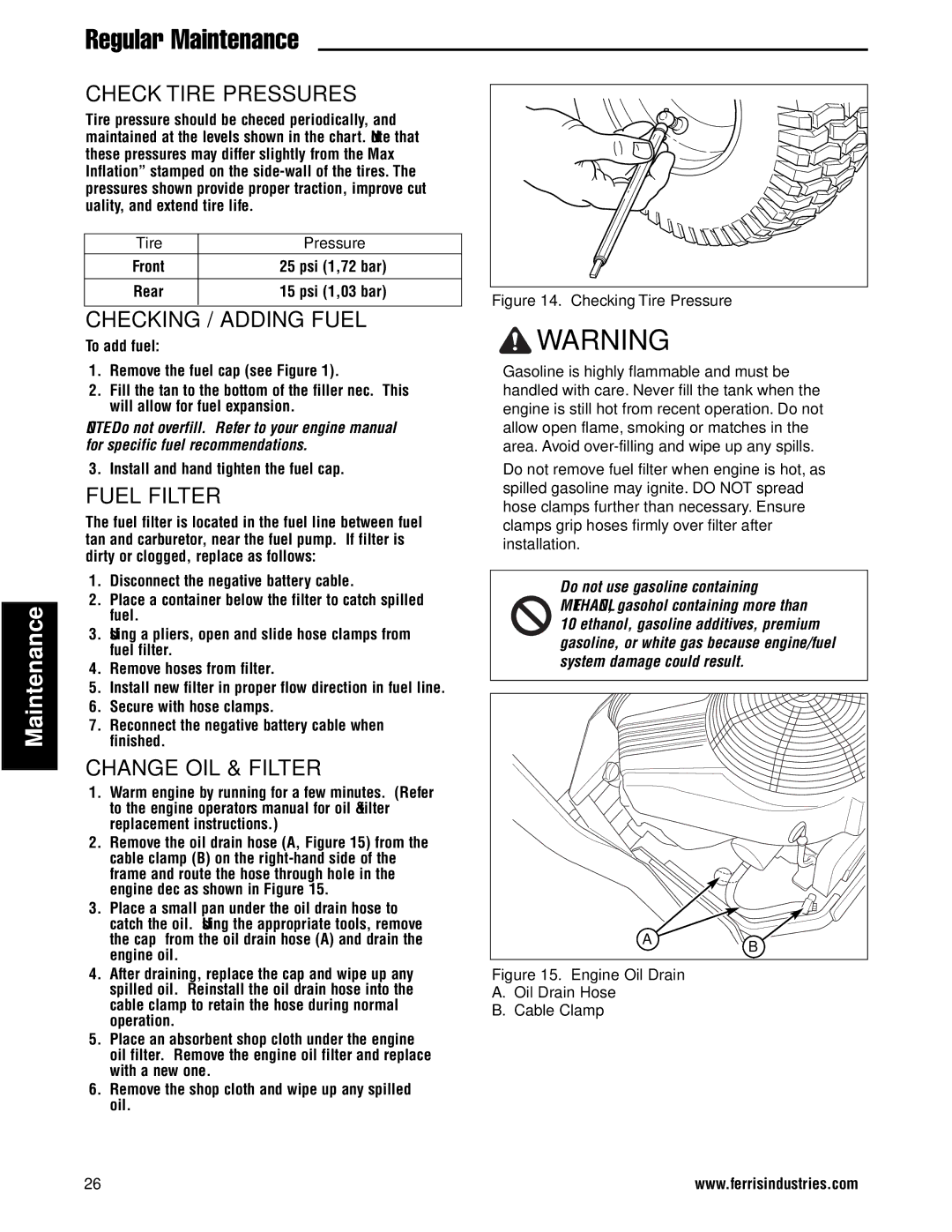 Ferris Industries 5900761, 5900751 manual Check Tire Pressures, Checking / Adding Fuel, Fuel Filter, Change OIL & Filter 