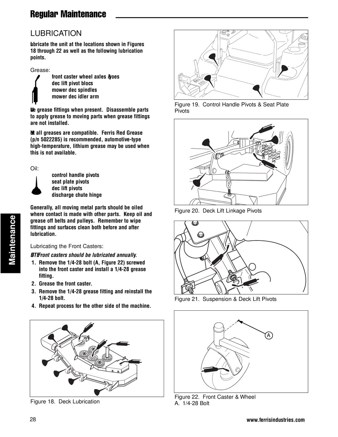 Ferris Industries 5900761, 5900751 manual Lubrication, Grease, Oil, Lubricating the Front Casters, Bolt 