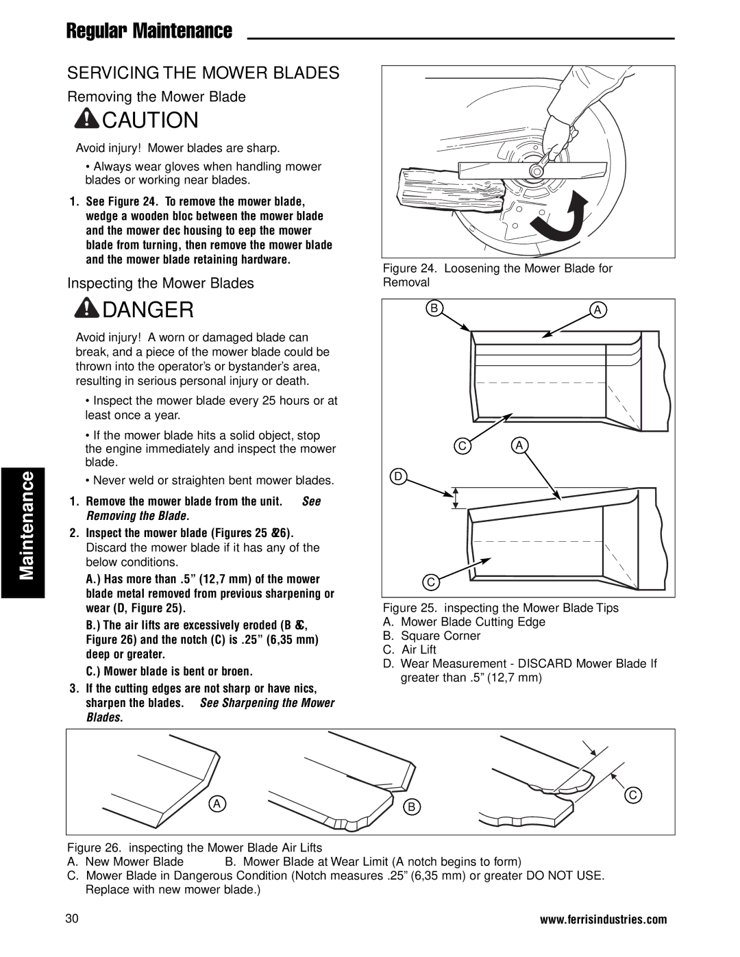 Ferris Industries 5900761, 5900751 manual Servicing the Mower Blades, Removing the Mower Blade, Inspecting the Mower Blades 